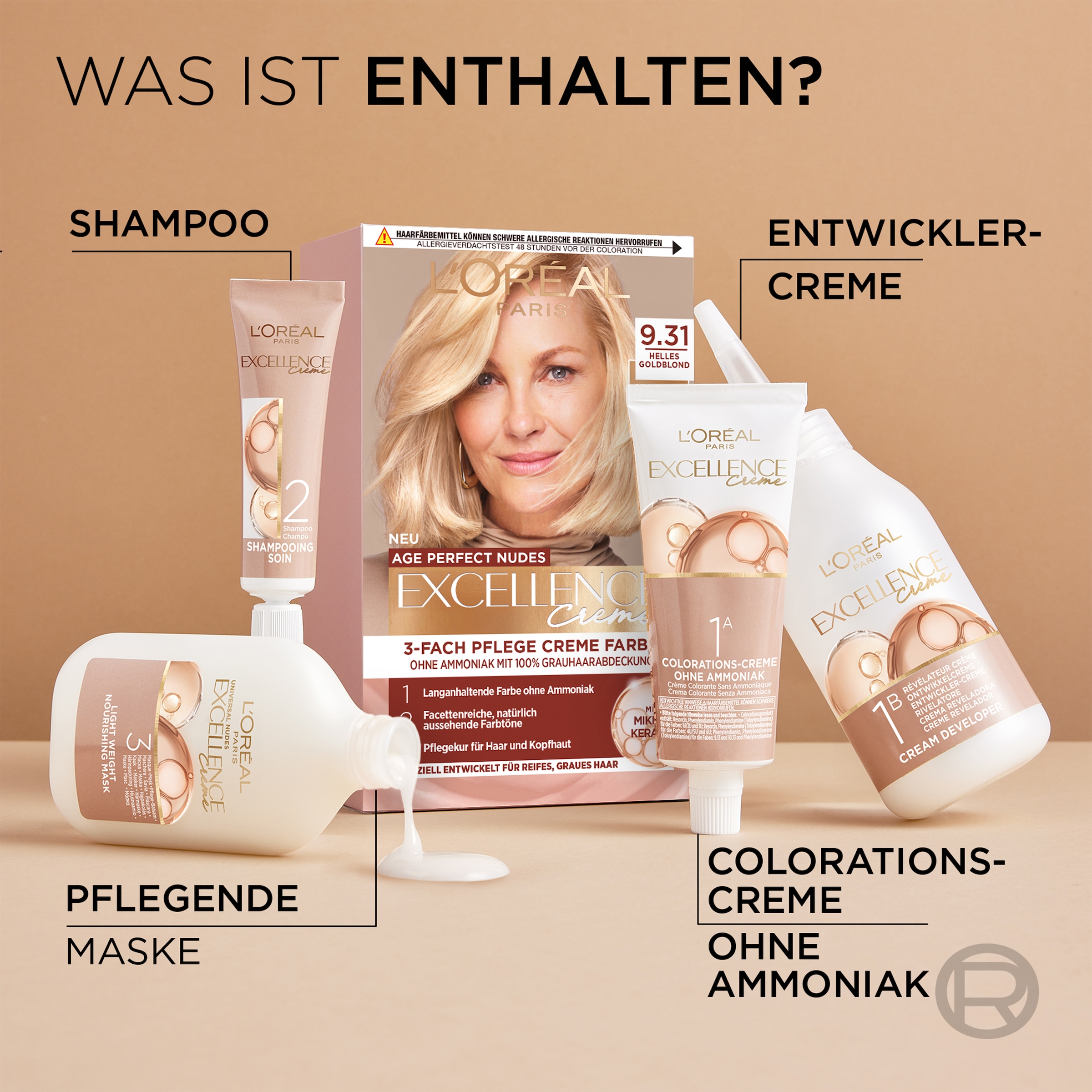 L'ORÉAL PARIS Coloration »EXCELL AP NUDES 9.31 GOLD BLD GER« für graues Haar, mit hydrolysiertem Weizenprotein, große Menge 192 ml