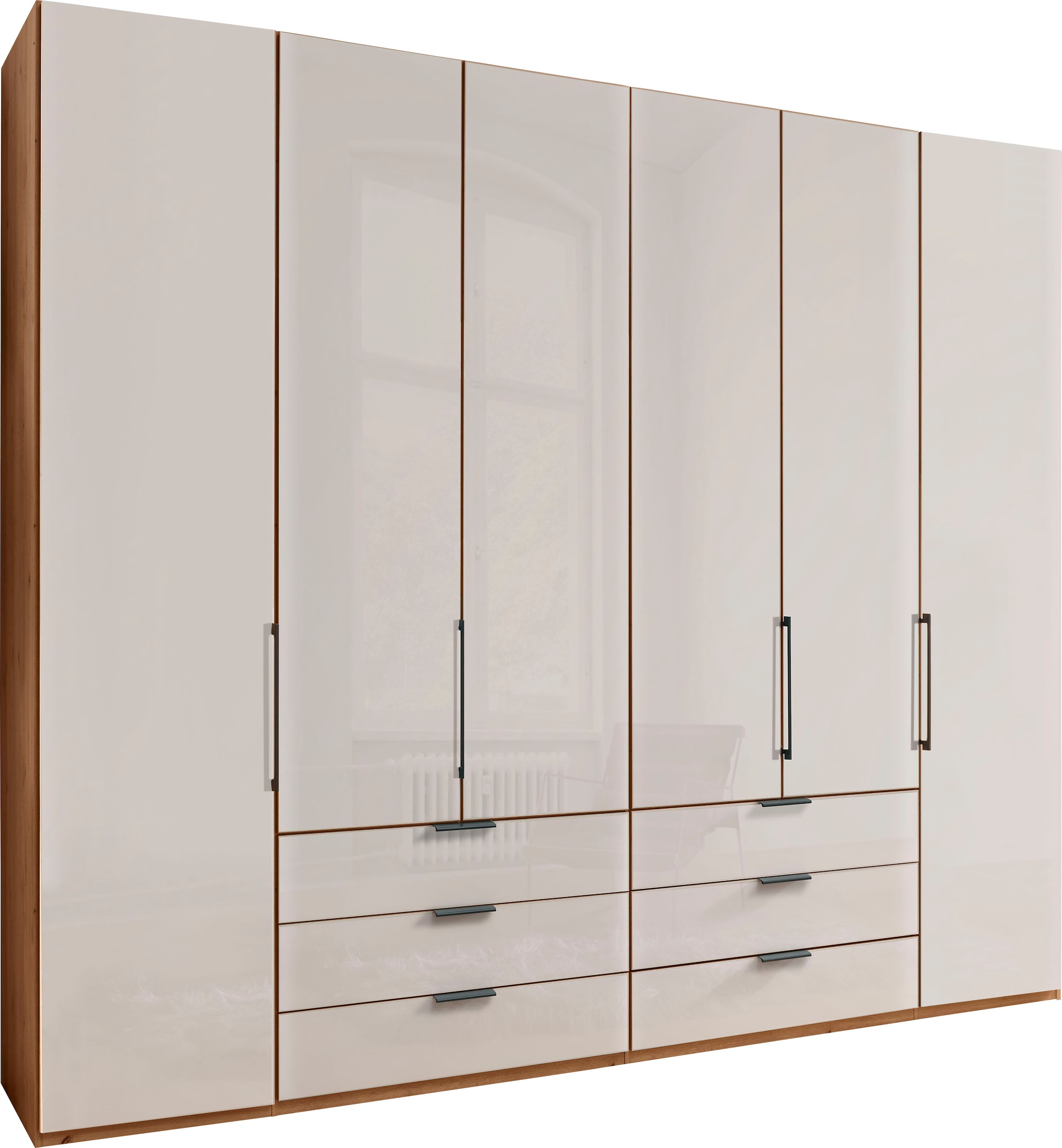 WIEMANN Falttürenschrank "Monaco, Kleiderschrank, Schrank, Wäscheschrank, mit edler Glasfront" 2 Breiten, 2 Höhen 216/236 cm auswählbar, MADE IN GERMANY, inkl. gepämpften Schubkästen und Türen, mit Panoramaöffnung