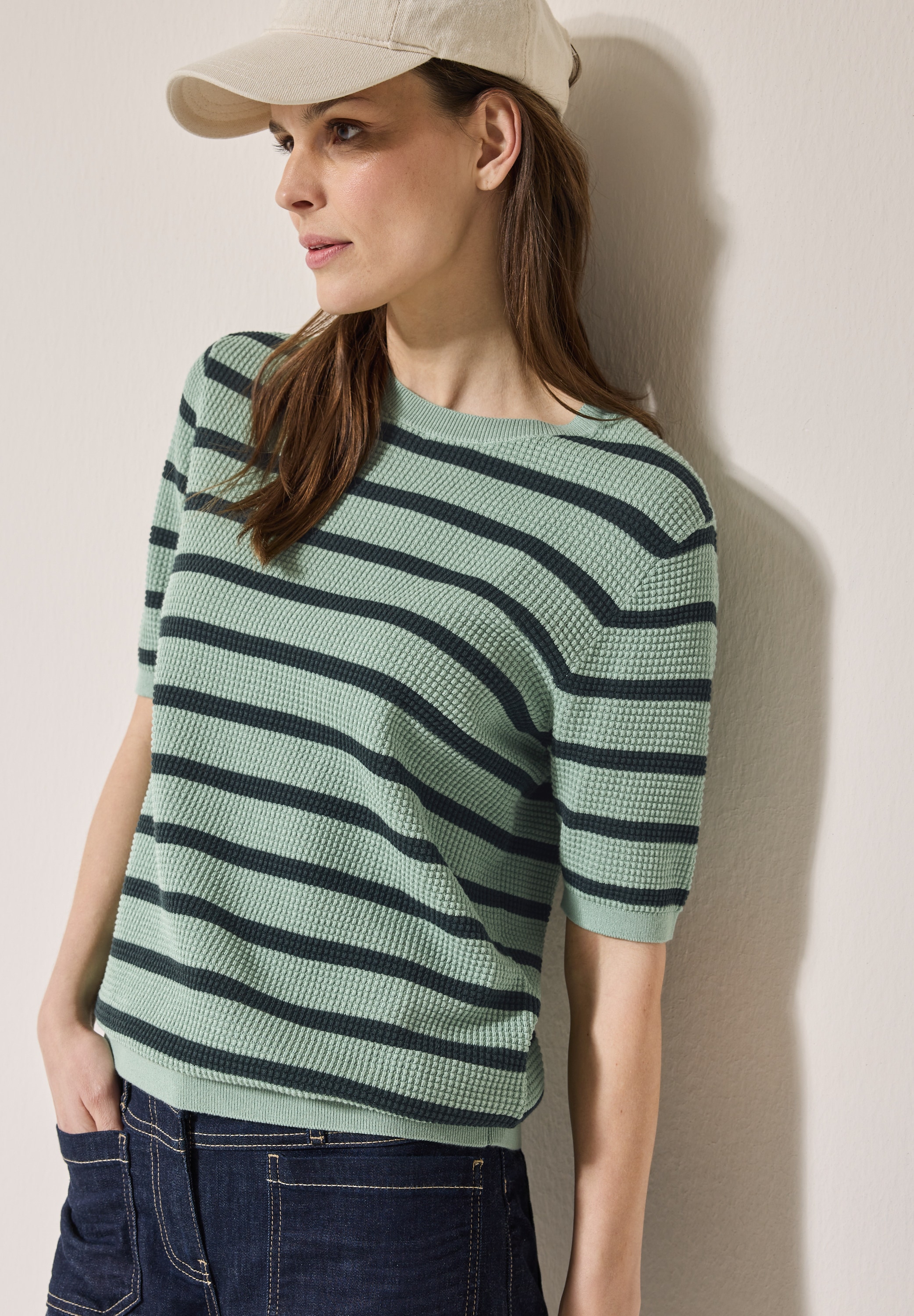 Cecil Kurzarmpullover, mit Streifen und in Struktur-Optik günstig online kaufen