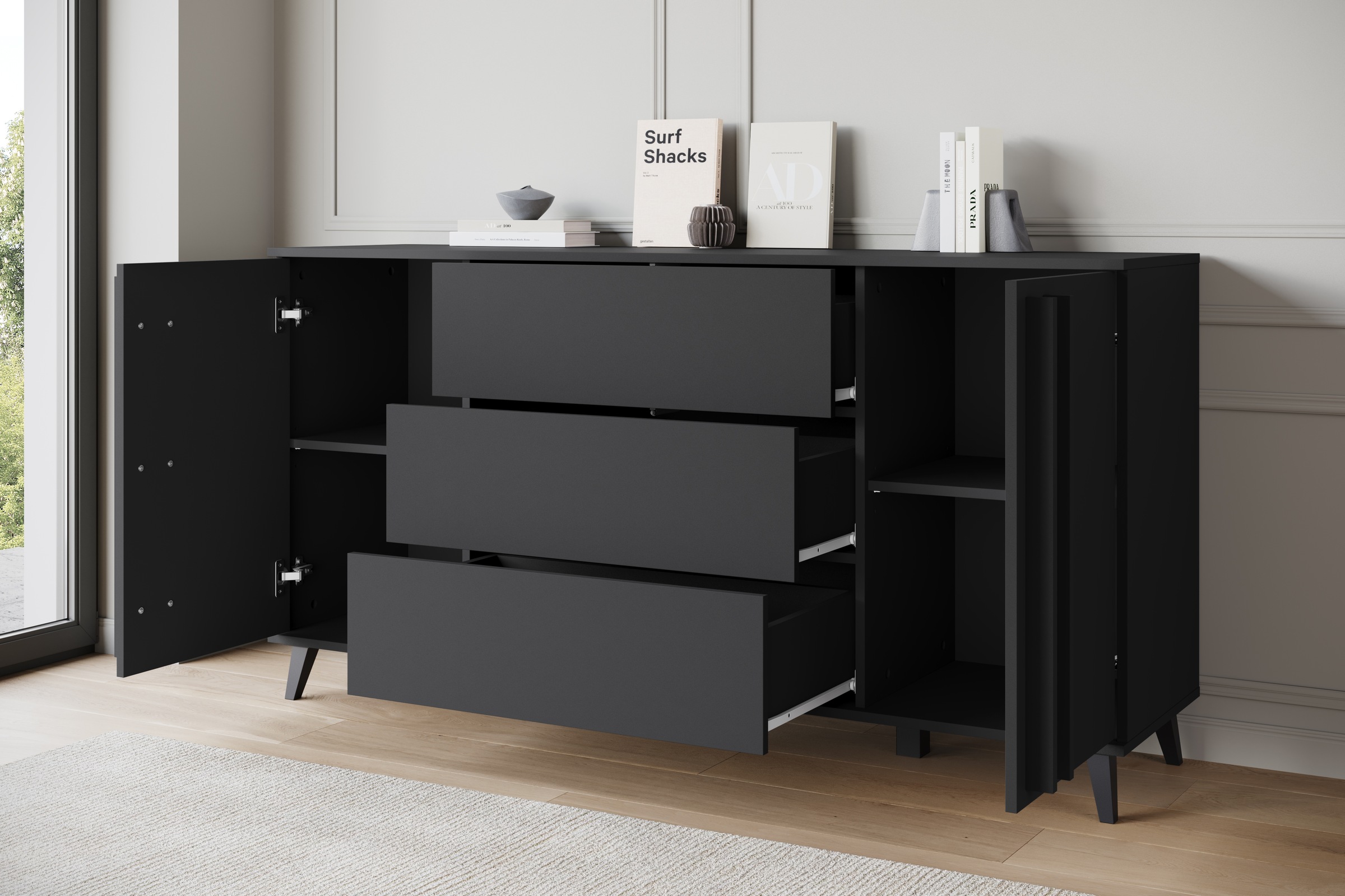 INOSIGN Sideboard »Helsinki, Kommode mit 2 Türen und 3 Schubladen, Breite 150 cm«, (1 St.), Push-to-Open-Schubladen, höhenverstellbare Einlegeböden