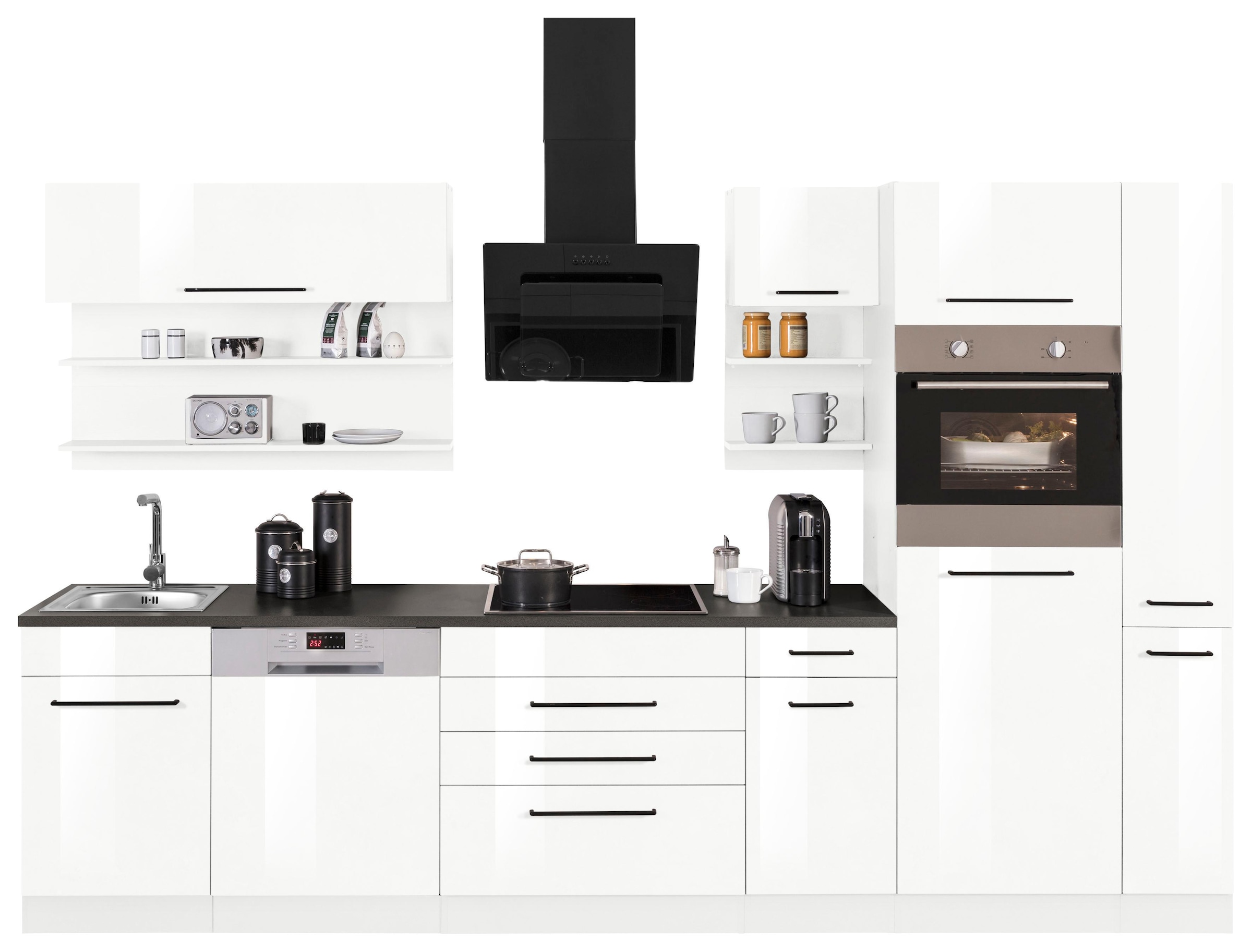 Küchenzeile »Tulsa«, mit E-Geräten, Breite 320 cm, schwarze Metallgriffe, MDF Fronten