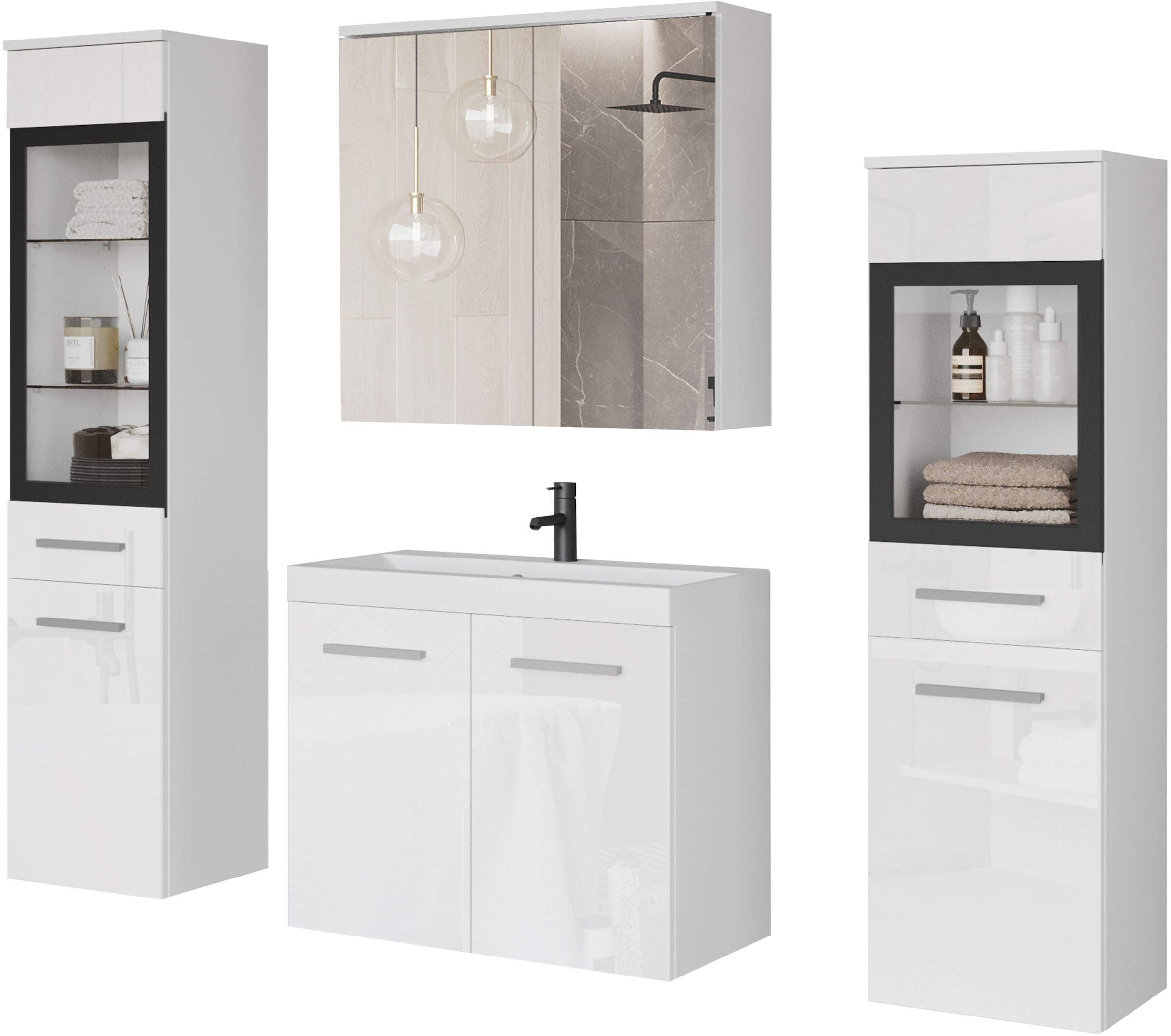 welltime Badmöbel-Set "MADRIT II, Schrank mit Waschbecken, 2 Hänger, Spiegelschrank" Komplett-Set, 5 Stk. tlg.