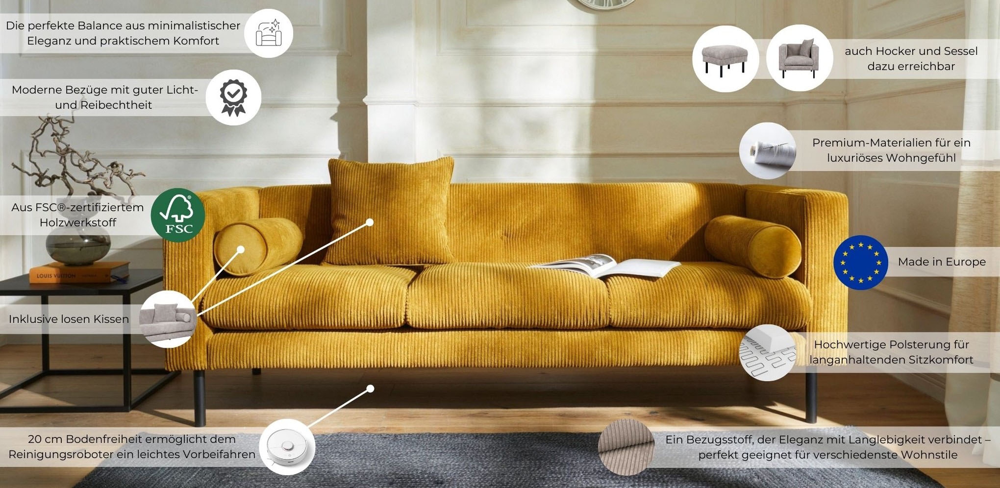 Home affaire 3-Sitzer »Lillibeth Designsofa mit Wellenunterfederung, Maße B/T/H: 218/74/83 cm«, Zierkissen als Wendekissen, Bezug Samtoptik oder Cord