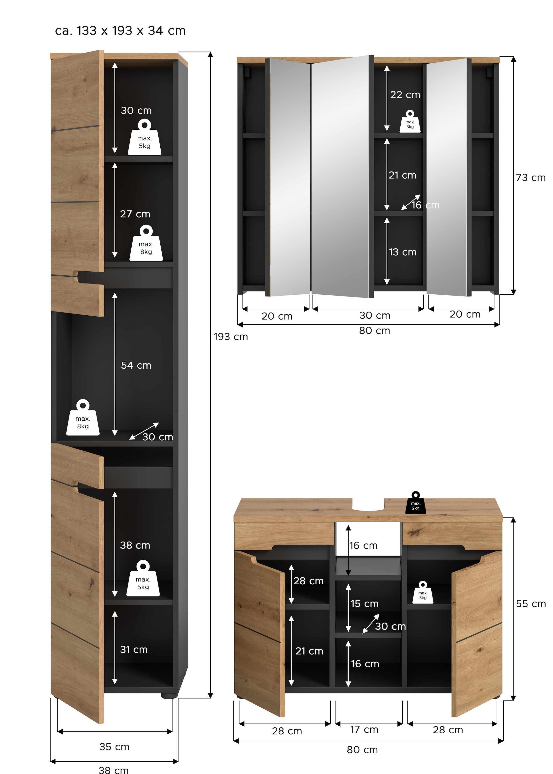 INOSIGN Badmöbel-Set »REHAT, 3-teilig, Breite 133 cm, mit grifflosen Fronten, bestehend aus:«, (3 St.), 1x Hochschrank, 1x Waschbeckenunterschrank & 1x Spiegelschrank
