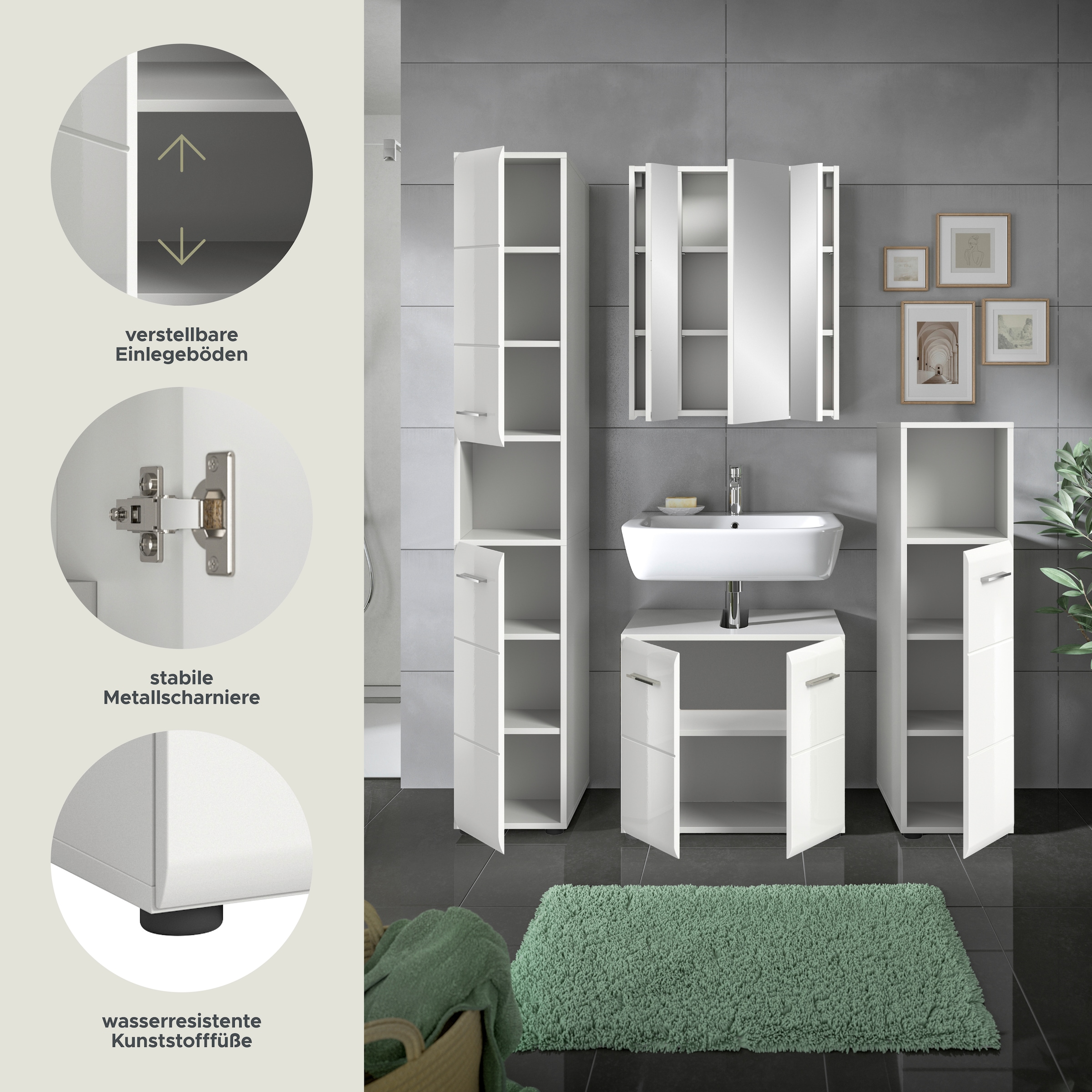 INOSIGN Badezimmer-Set, (Set, 4 St.), Florenz, Badkombination 4-tlg., Weiß hochglanz tiefzieh, Hochschrank