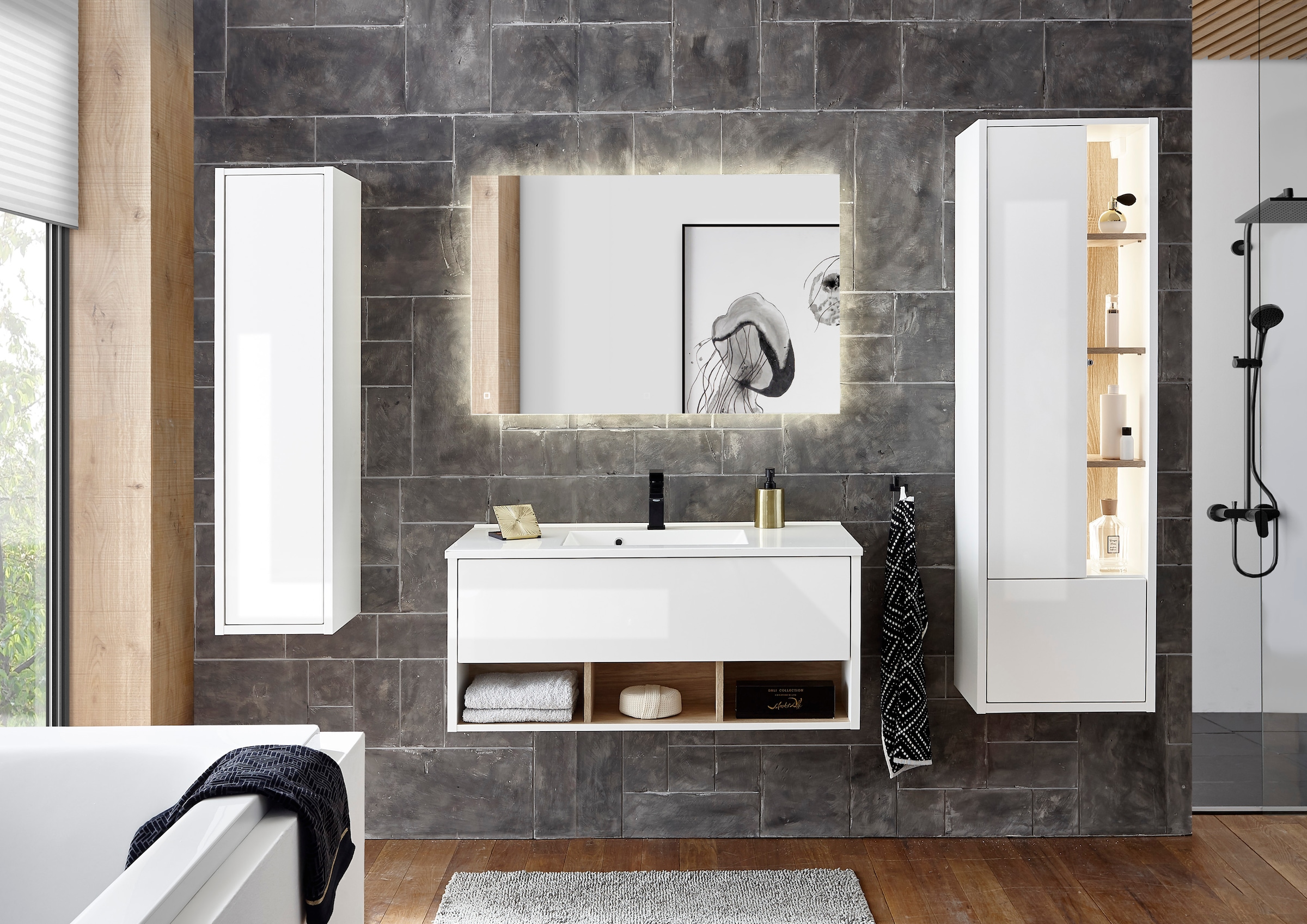 Places of Style Badmöbel-Set »Studio Line, Bad im modernen Design, 4-teiliges Badezimmer«, (4 St.), Schrank, Waschtisch und Spiegel, in zwei Farben verfügbar, Stauraum