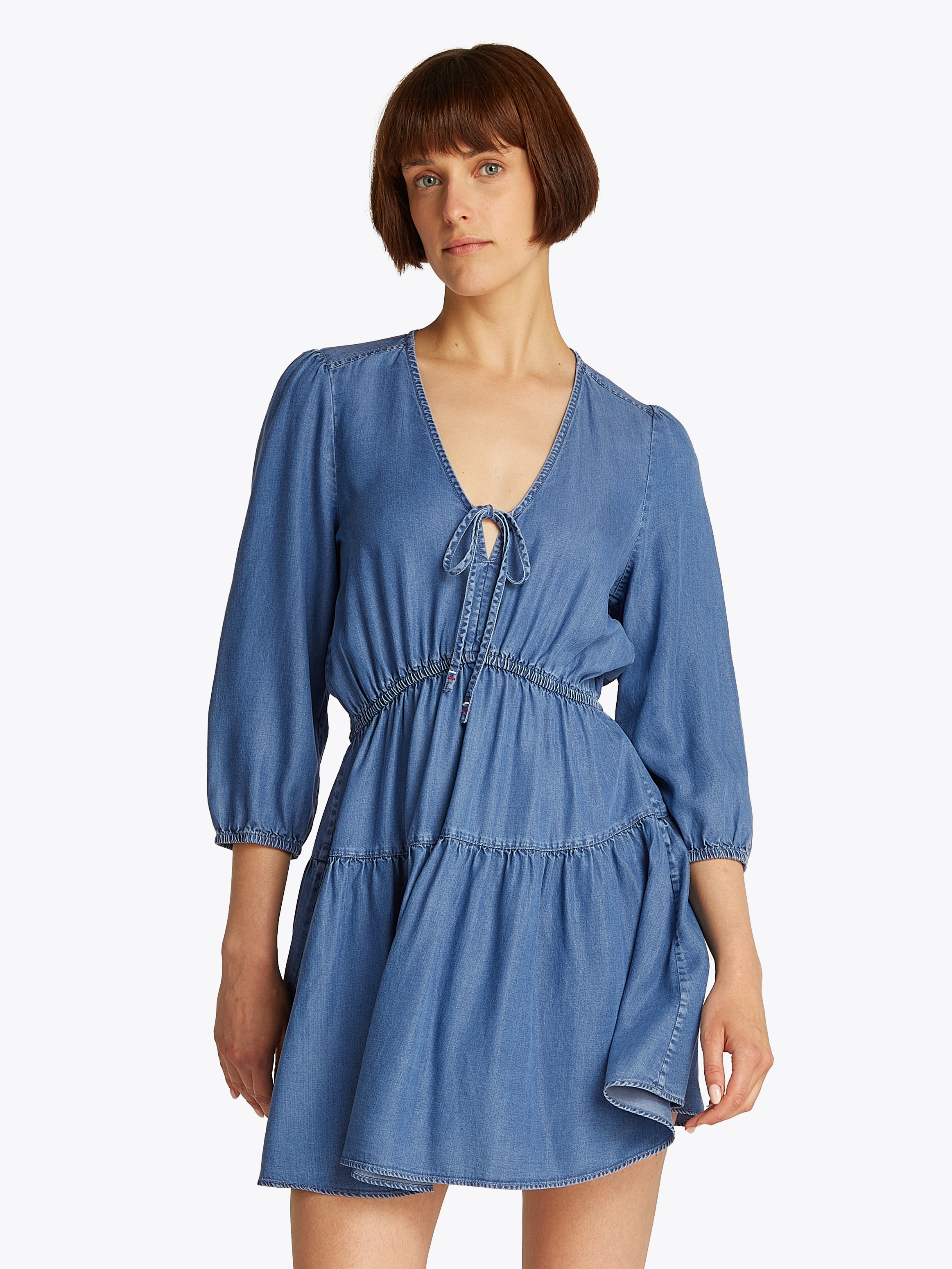 TOMMY JEANS Blusenkleid »TJW CHAMBRAY MINI DRESS EXT«, mit Volant, in Mini-Länge