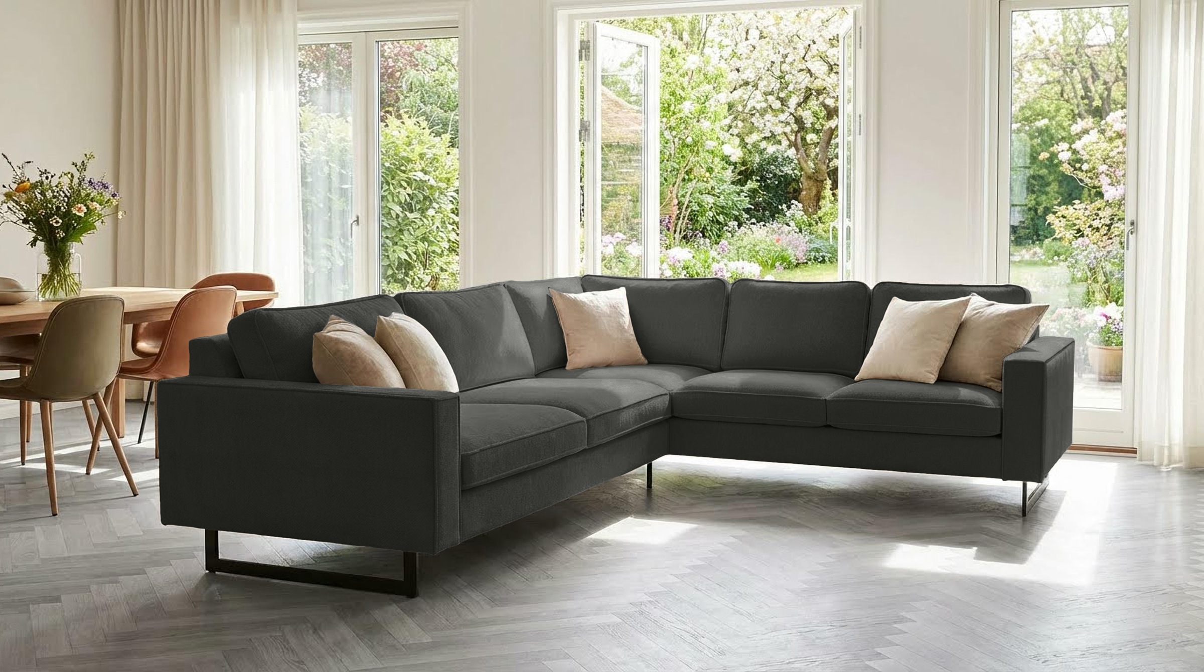 OTTO home Ecksofa "Pinto, XXL, 250/290 cm, langer Schenkel, Ottomane" Cord, Chenille, Lederoptik, mit Keder, Metallfüße, Wellenunterfederung