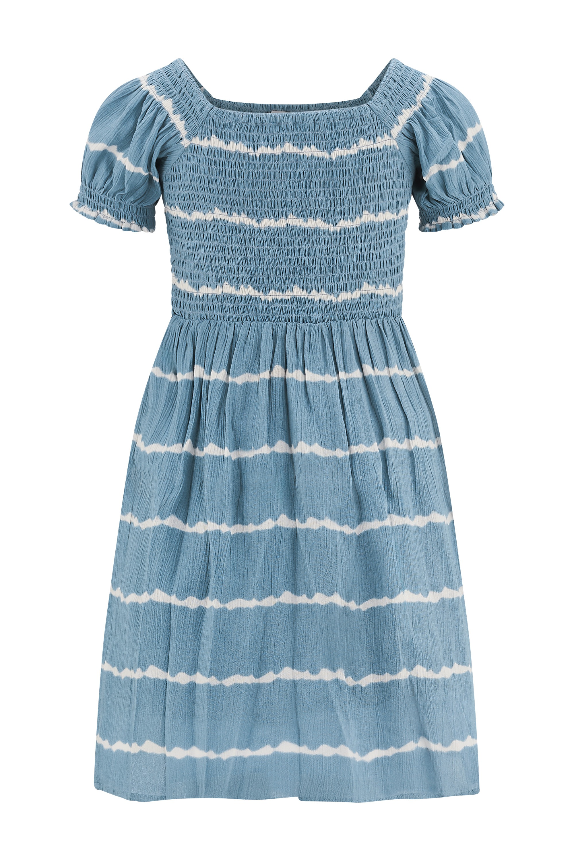 Druckkleid HAPPY GIRLS, Mädchen, Gr. 146, N-Gr, dove blau, Crêpe, Obermaterial: 100% Viskose. Futter: 100% Baumwolle, bedruckt, gestreift, Basic ca. Mitte Wade, eckiger Ausschnitt, Puffärmel,Raglanärmel gesmokt, Kleider Druckkleid, mit gesmoktem Oberteil