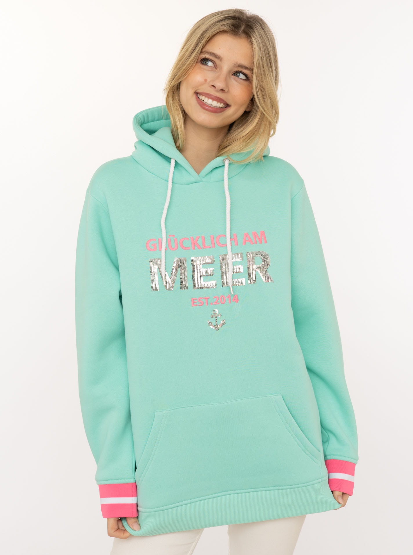 Zwillingsherz Hoodie ""Glücklich am Meer"", mit Pailletten, Kapuze und kont günstig online kaufen