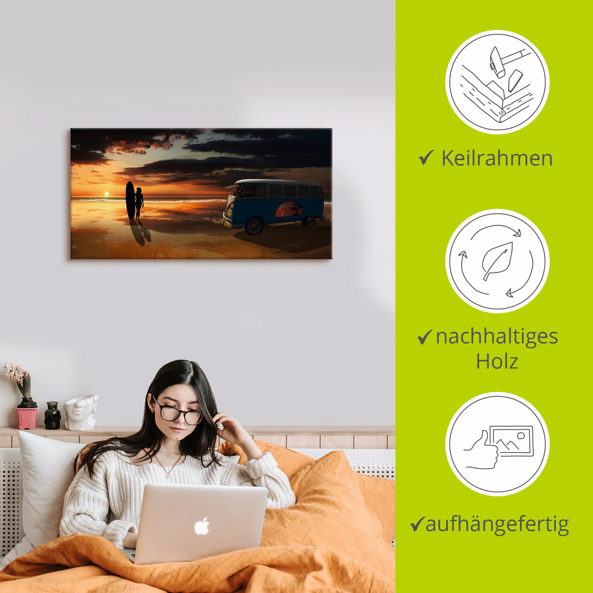 Artland Wandbild »Surfen in Kalifornien mit Bulli T1«, Küste, (1 St.), als Alubild, Outdoorbild, Leinwandbild, Poster, Wandaufkleber