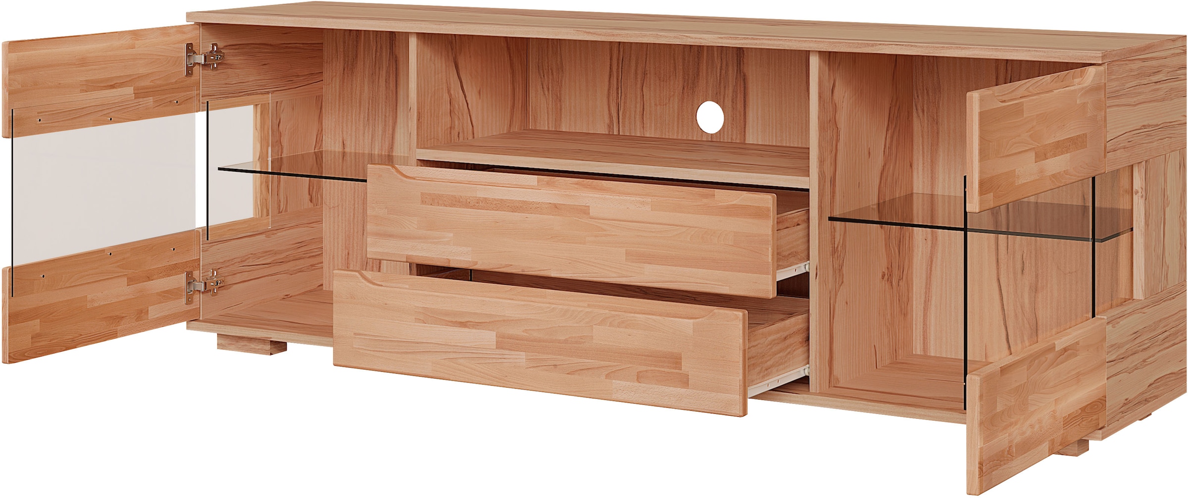 OTTO home Sideboard »VETRO Teilmassiv, Fronten Massivholz, Wohnzimmer, Stauraum,Griffmulde« B/T/H:180/40/63cm, 2Schubladen, 4 geschlossene & 2 offene Fächer