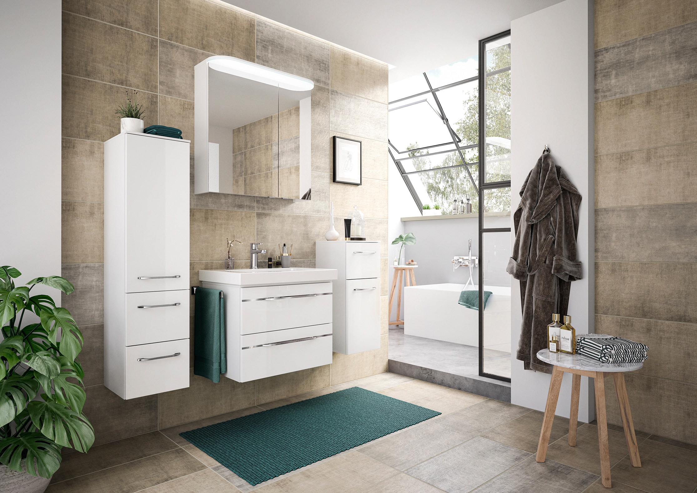 Saphir Badmöbel-Set »Balto Sprint 4-teilig, Mineralmarmor-Waschtisch mit LED-Spiegelschrank«, (5 St.), mit Unterschrank, Midischrank, inkl. Türdämpfer, 4 Türen, 5 Schubladen