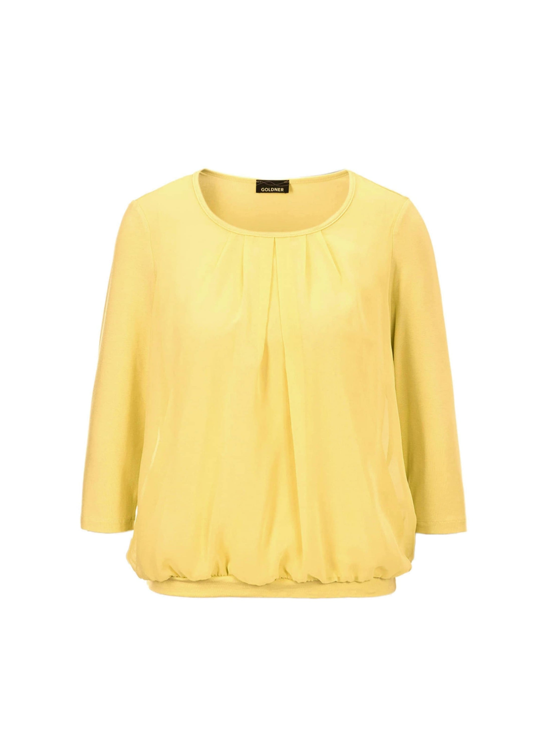 Kurzarmbluse GOLDNER "Chiffon-Shirt mit 3/4-Arm, Rundhals", Damen, Gr. 50, gelb, Obermaterial: 95% Viskose CV. 5% Elasthan EL., Casual, Sonstiges, Blusen, keine/nicht relevant