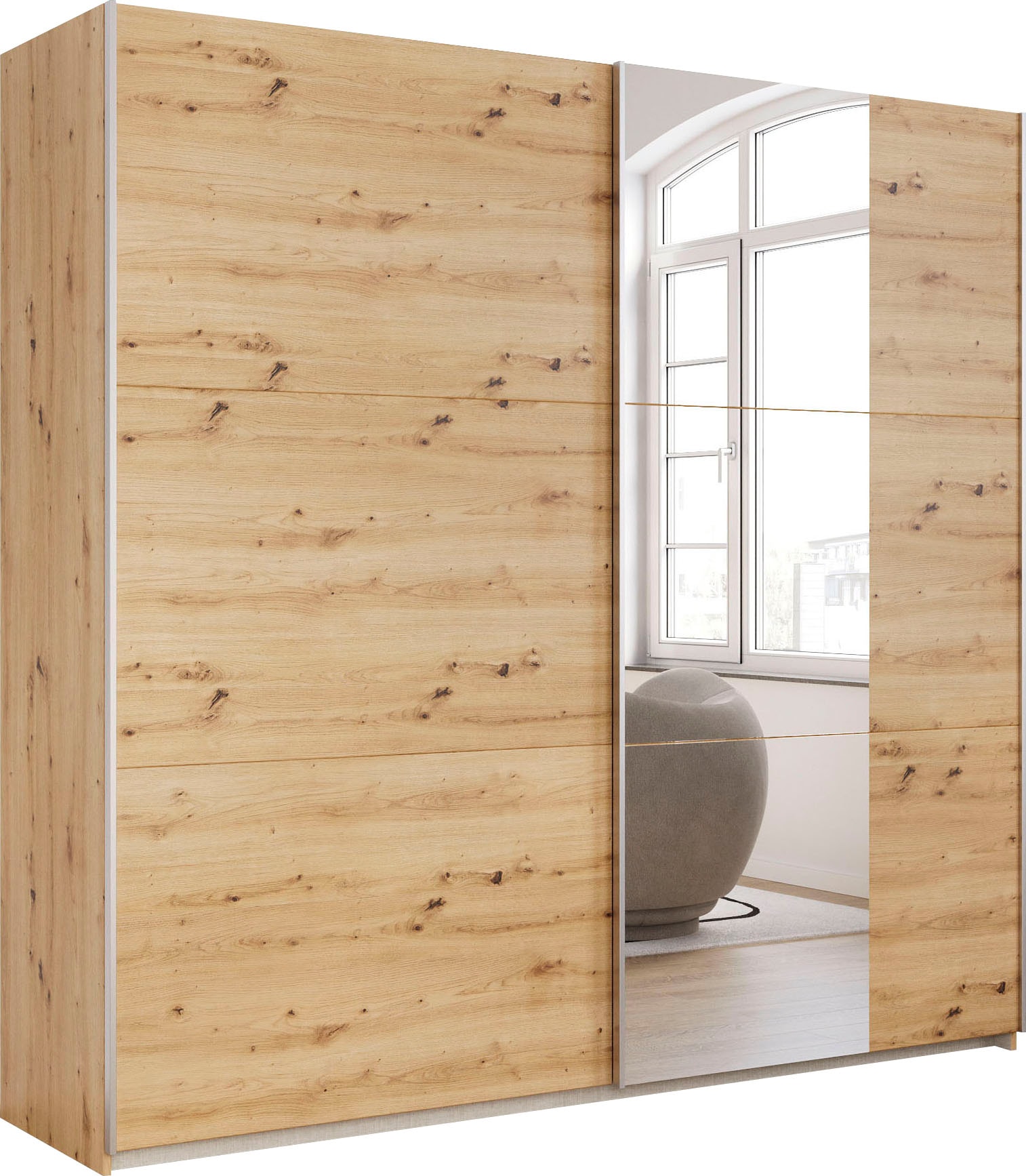rauch Schwebetürenschrank "Kleiderschrank Drehtürenschrank Schrank Garderobe KRONACH" in 3 Ausstattungen BASIC/CLASSIC/PREMIUM, Breiten 131/175/218/261 cm, optional ohne, mit 1 oder 2 Spiegel, viel Stauraum MADE IN GERMANY