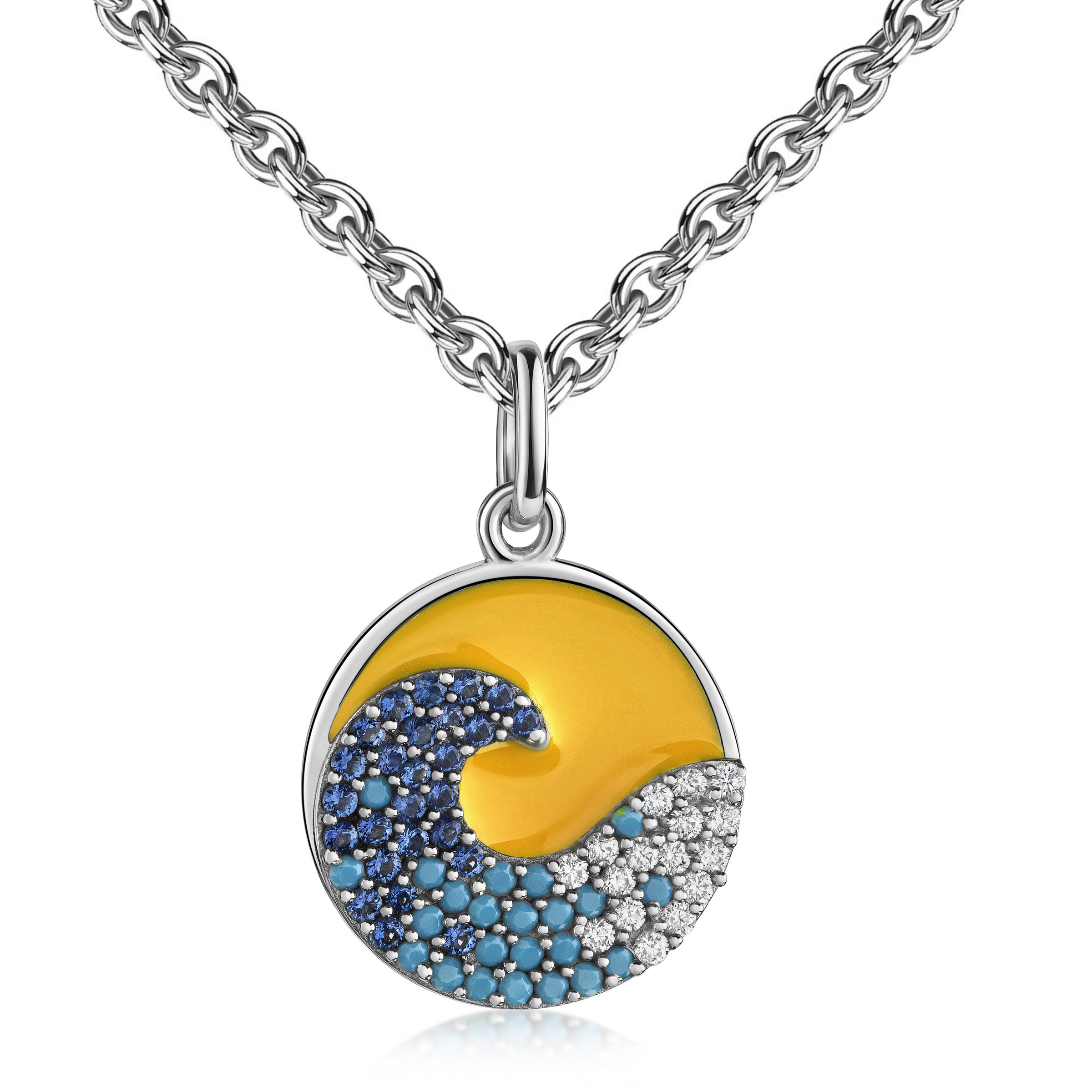 Kette mit Anhänger FIRETTI "Schmuck Geschenk Silber 925 Halsschmuck Ankerkette Kreis Welle", silberfarben, gelb, kristallweiß, hellblau, dunkelblau, Halsketten, Damen, Silber 925 (Sterlingsilber), L: 45 B: 1,1mm, Made in Germany - mit Zirkonia (synth.), B