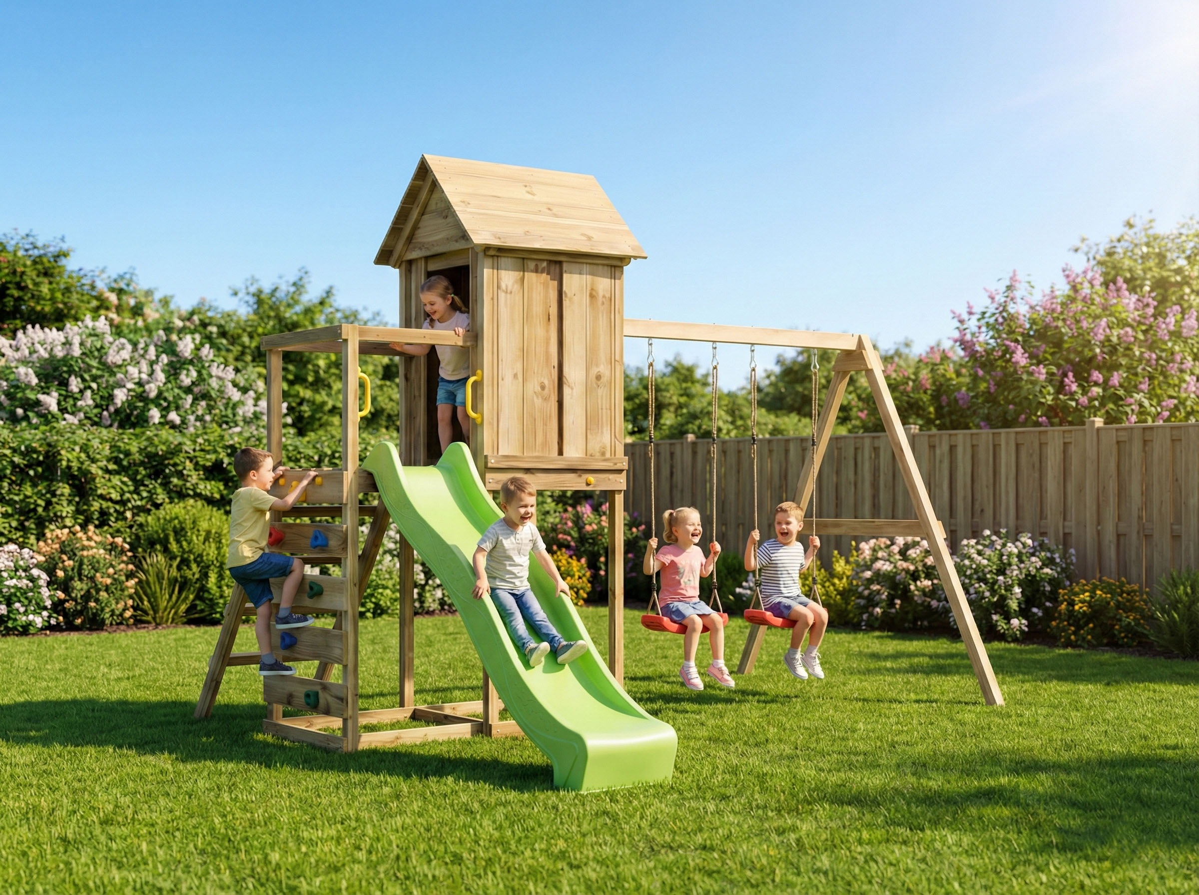 FUNGOO Spielturm »MaxPlay 5« mit Spielhaus, Rutsche, Doppelschaukel, Kletterwand