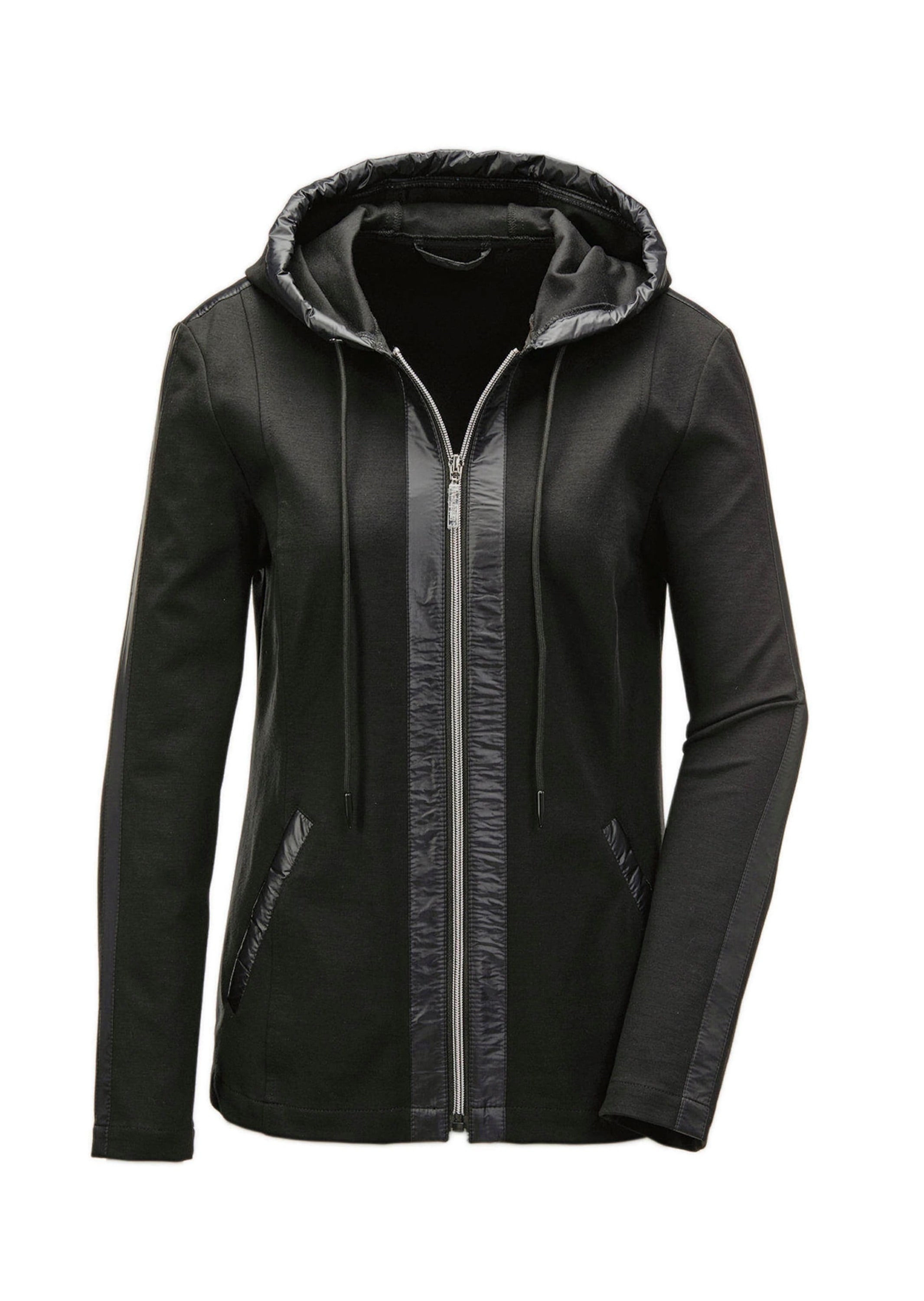Kurzjacke GOLDNER "bequeme Freizeitjacke mit Kapuze", Damen, Gr. 38, schwarz, Obermaterial: 68% Viskose CV. 27% Polyamid PA. 5% Elasthan EL., normales Bündchen, Jacken Kurzjacke, Nylondetails