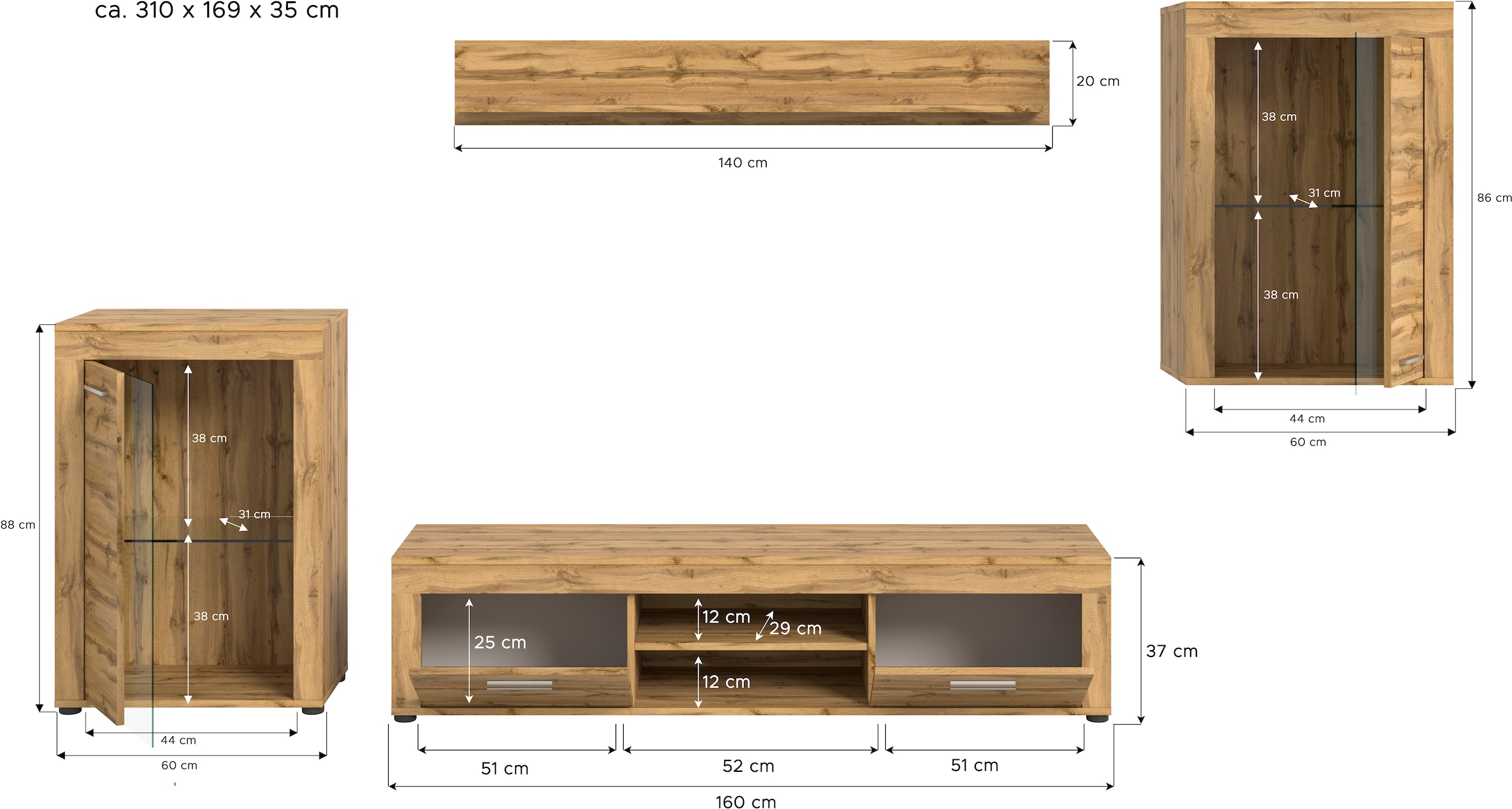 INOSIGN Wohnwand »Aosta, 4-tlg., bestehend aus: 2x Vitrine, Lowboard & Wandboard«, (4 St.), Wohnwand, Kombination, Anbauwand, Möbel Set, Schrankwand, Möbel Kombi