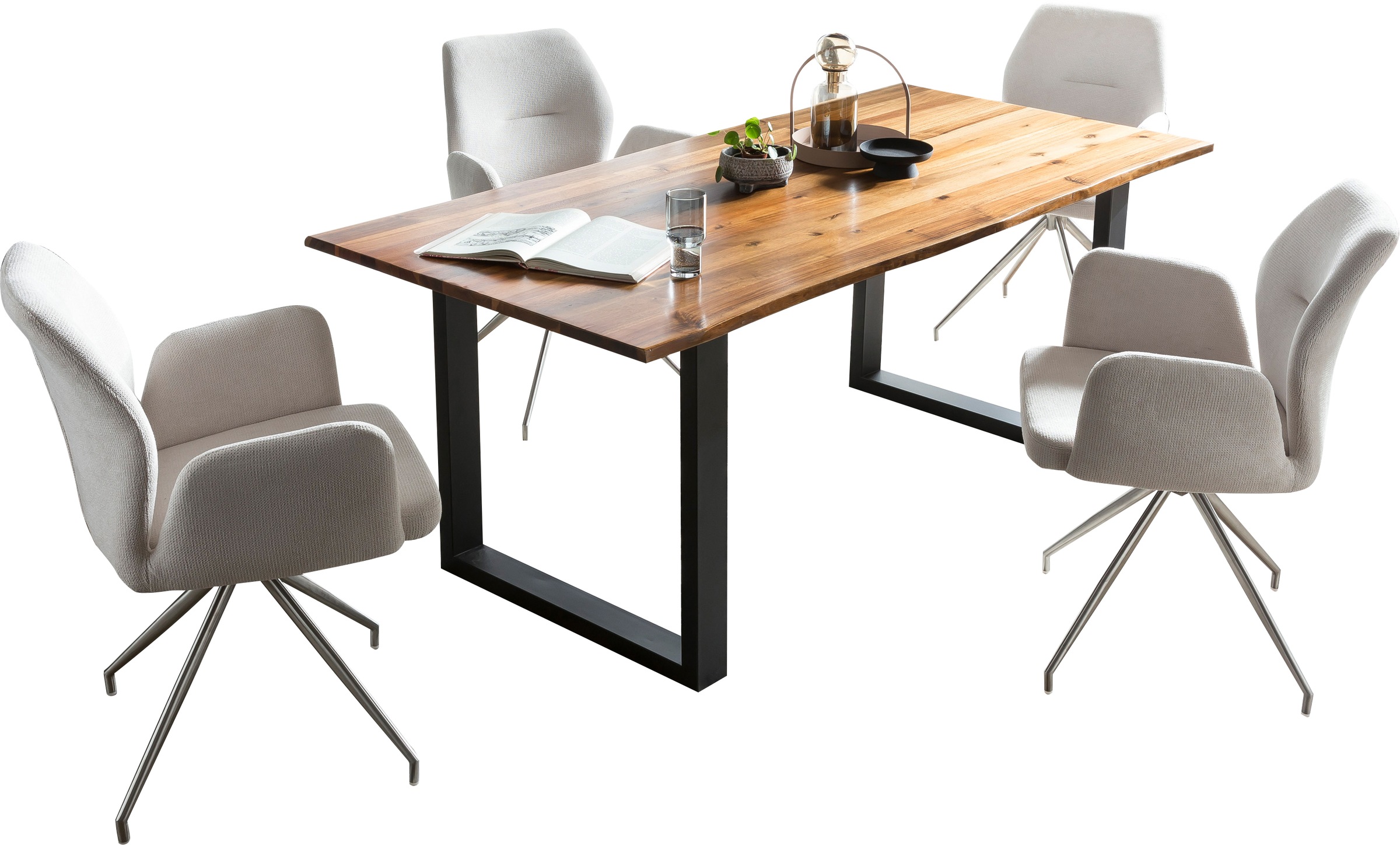 SalesFever Essgruppe, (Set, 5 tlg.), Tischplatte mit echter Baumkante, Gestell aus rostfreiem Edelstahl