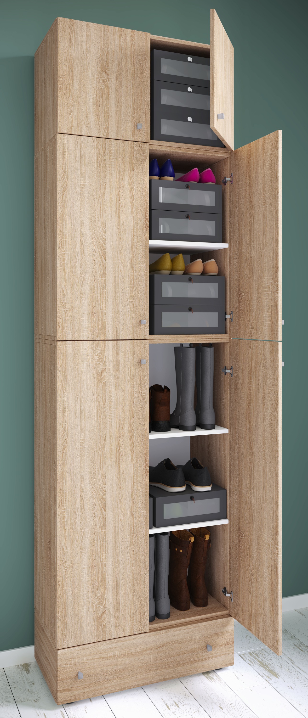 VCM Schuhschrank »VCM Holz-Schuhschrank | Maße: H. 240 x B. 70 x T. 39 cm| Allzweckschrank | 5 Fächer | 4 Drehtüren | Aufsatz mit 2 Türen | extra Schublade¿ Lona«, (1 St.)