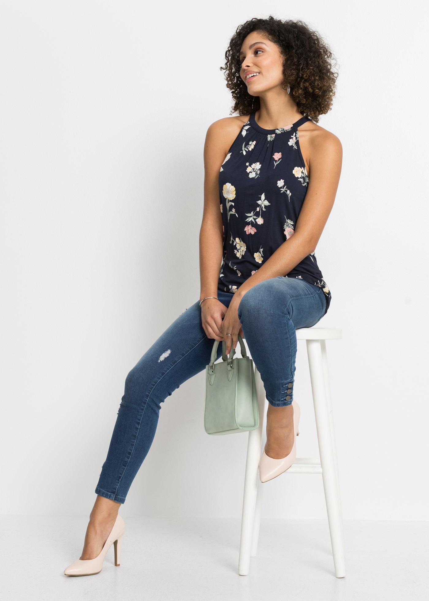 bonprix Shirttop »Top aus Viskose-Mix« bequem, amerikanischer Ausschnitt mit Knopfverschluss im Rücken