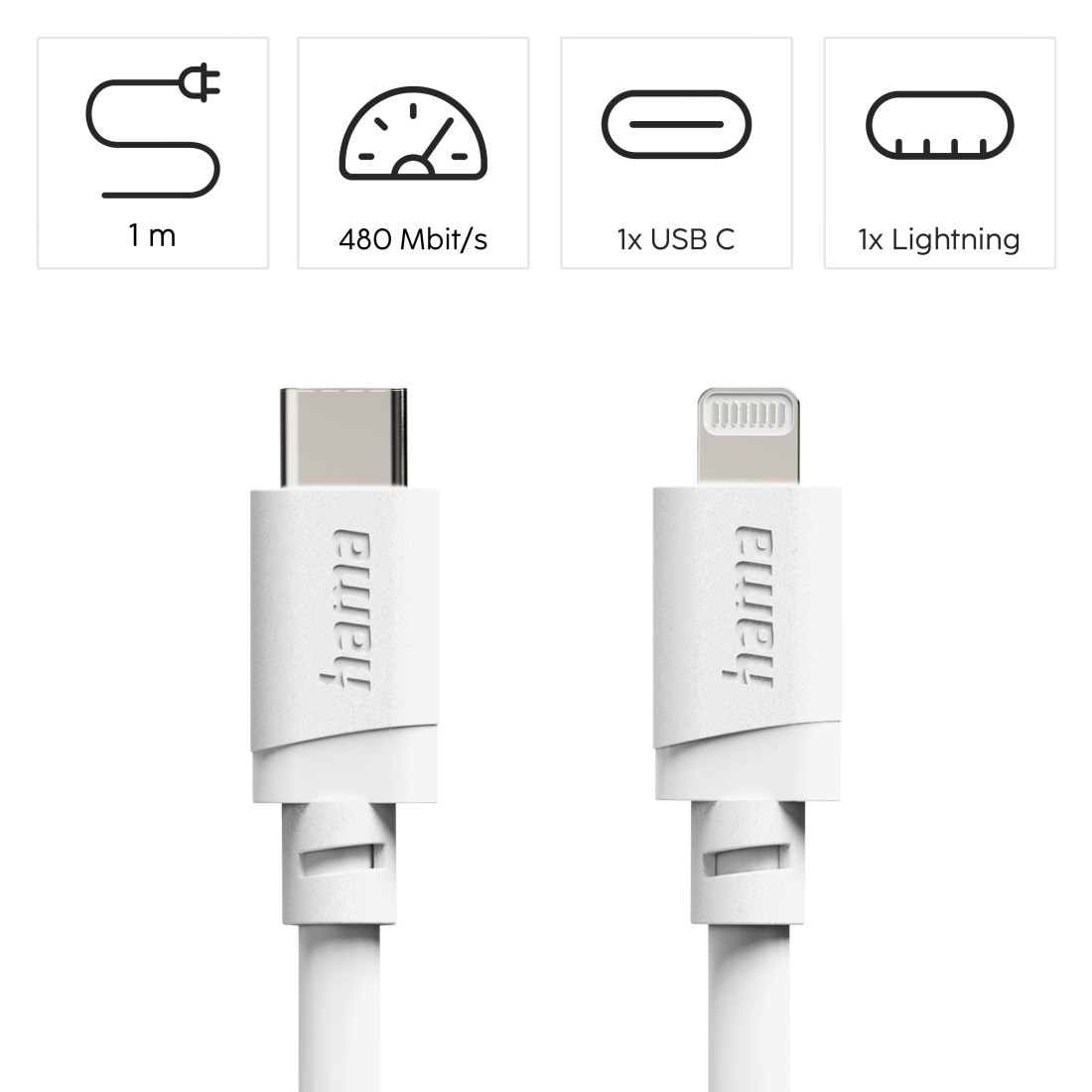 Hama USB-Kabel »USB-C auf Lightning Ladekabel 1 m weiß« Lightning | USB-C 100 cm Schnellladen, 480 Mbit/s, MFi zertifiziert, 3 A Strom