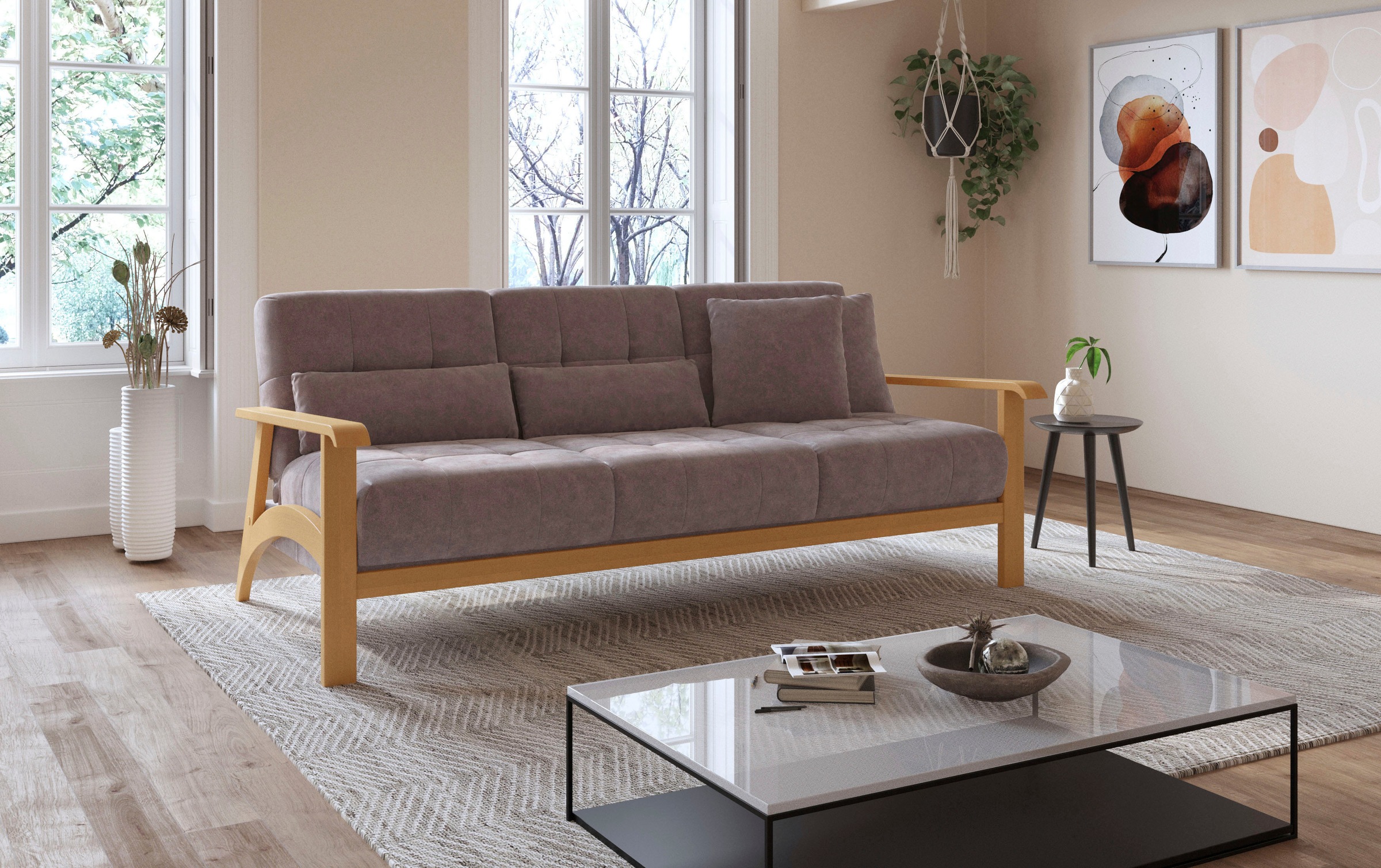 sit&more 3-Sitzer »Billund«, Armlehnen aus eichefarbigem Buchenholz, verschiedene Bezüge und Farben