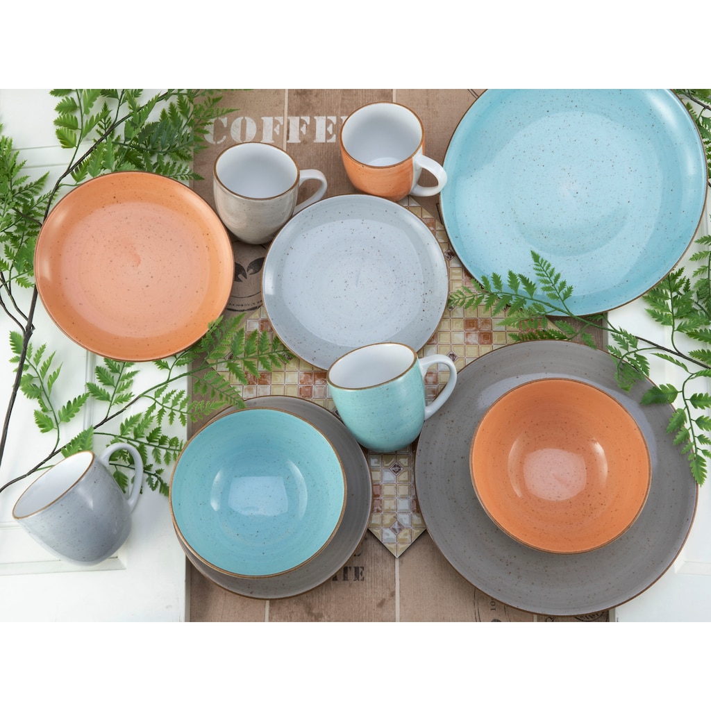 CreaTable Kombiservice »Geschirr-Set VINTAGE NATURE«, (Set, 16 tlg., Kaffeeservice und Tafelservice im Set, für 4 Personen), Service, handgemalt, gesprenkelt, 16 Teile, für 4 Personen