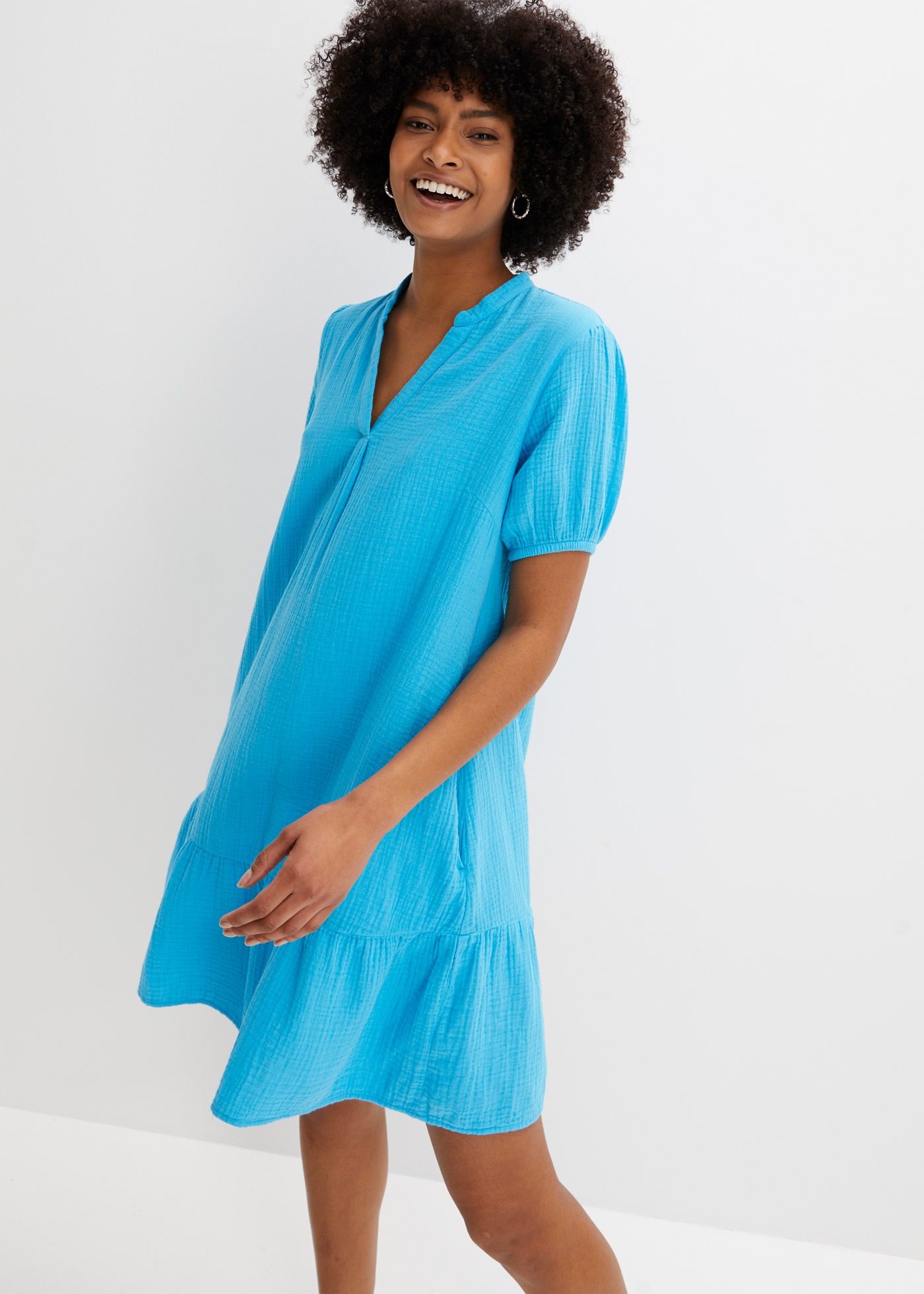 Minikleid BONPRIX, Damen, Gr. 48, N-Gr, türkis, Obermaterial: 100% Baumwolle, A-Linie, Kleider Minikleid, für Frühjahrs- und Sommertage, aus Baumwolle, aus Musselin-Material