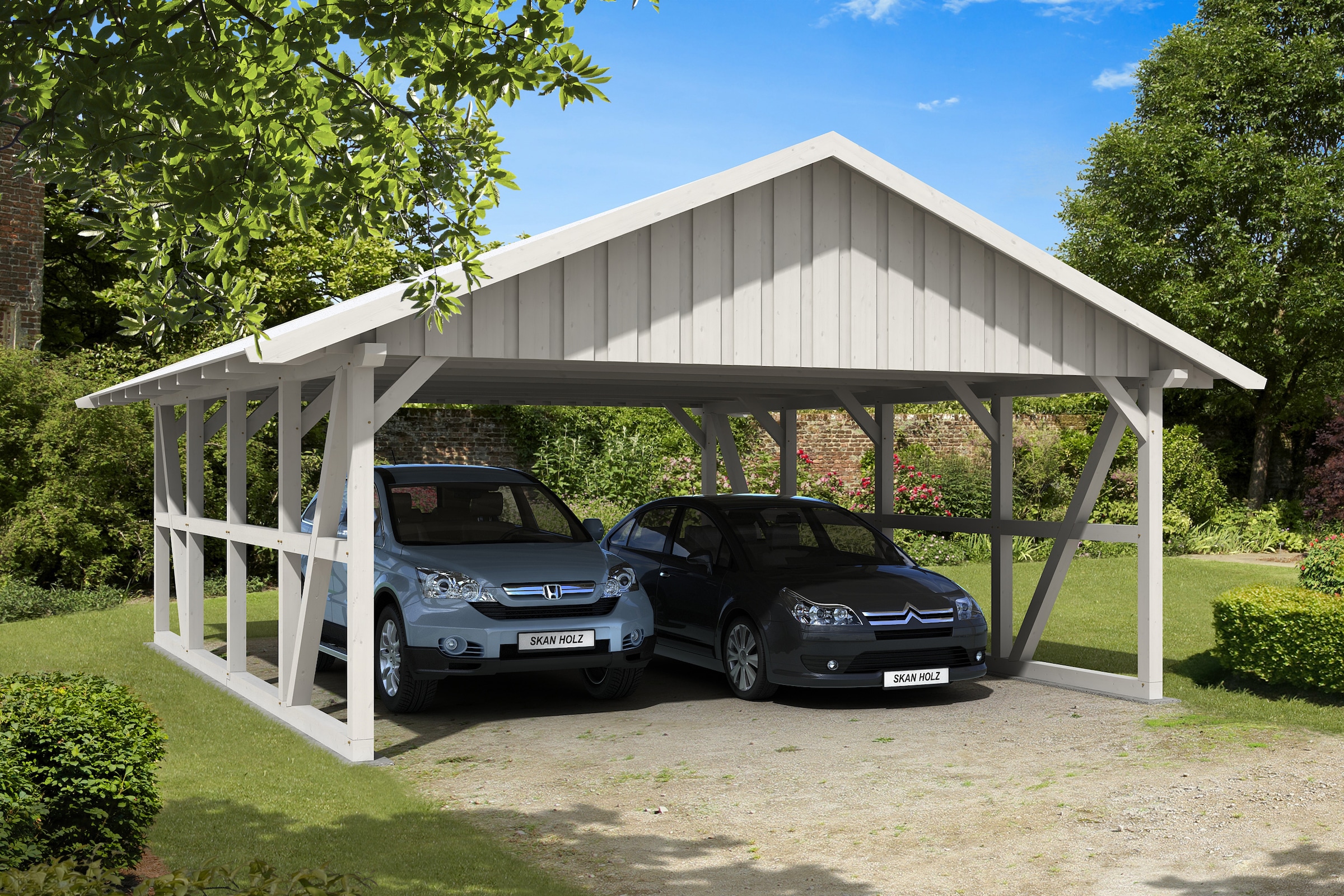 Skanholz Doppelcarport »Schwarzwald«, KVH-Fichte, 560 cm, Weiß, mit Dachschalung