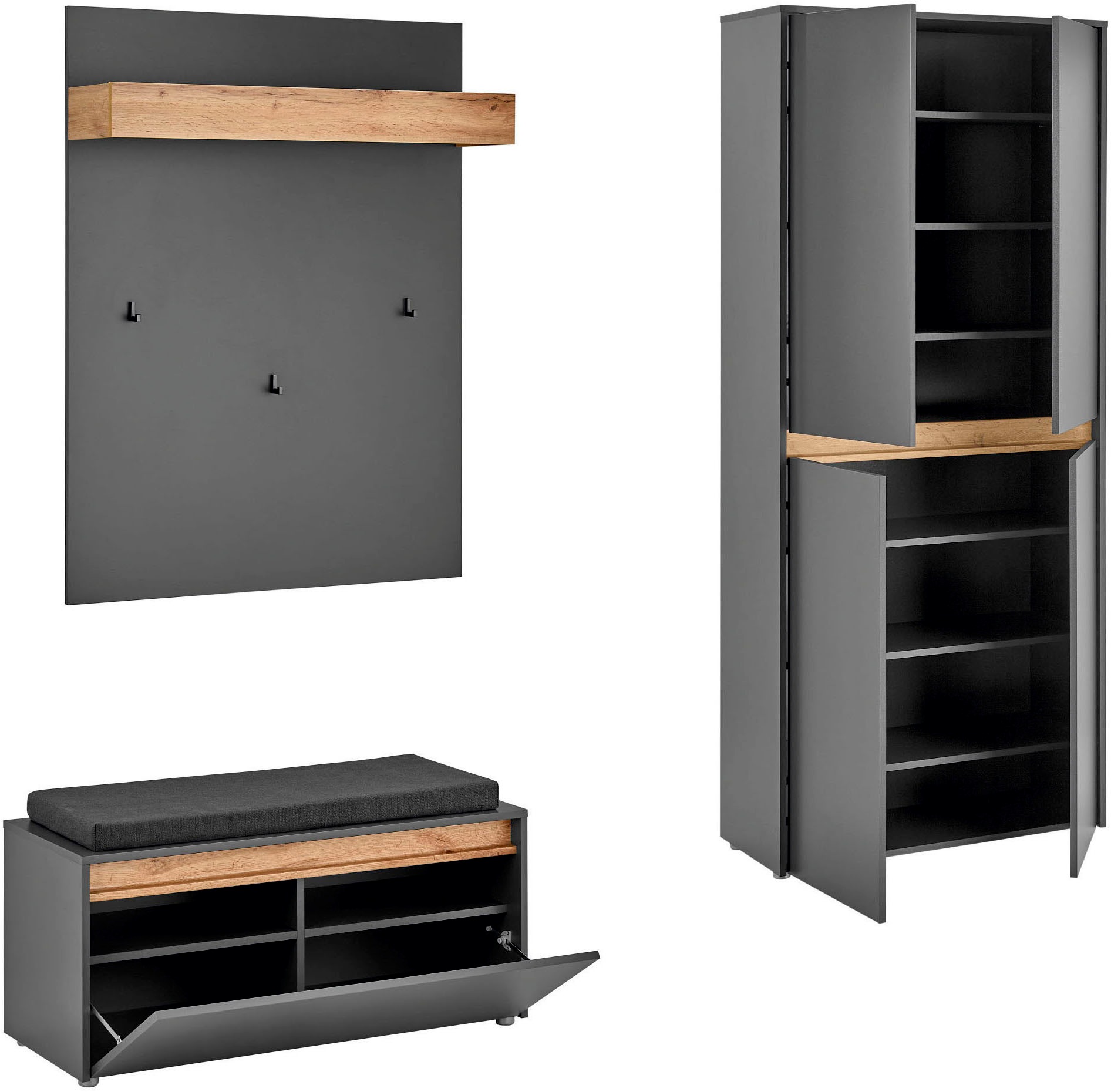 INOSIGN Garderoben-Set »City/Giron, moderne Garderobe, viel Stauraum, ca. 40 Schuhe«, (Set, 3 St.), enthält Schuhschrank, Garderobenpaneel & Garderobenbank mit Sitzkissen
