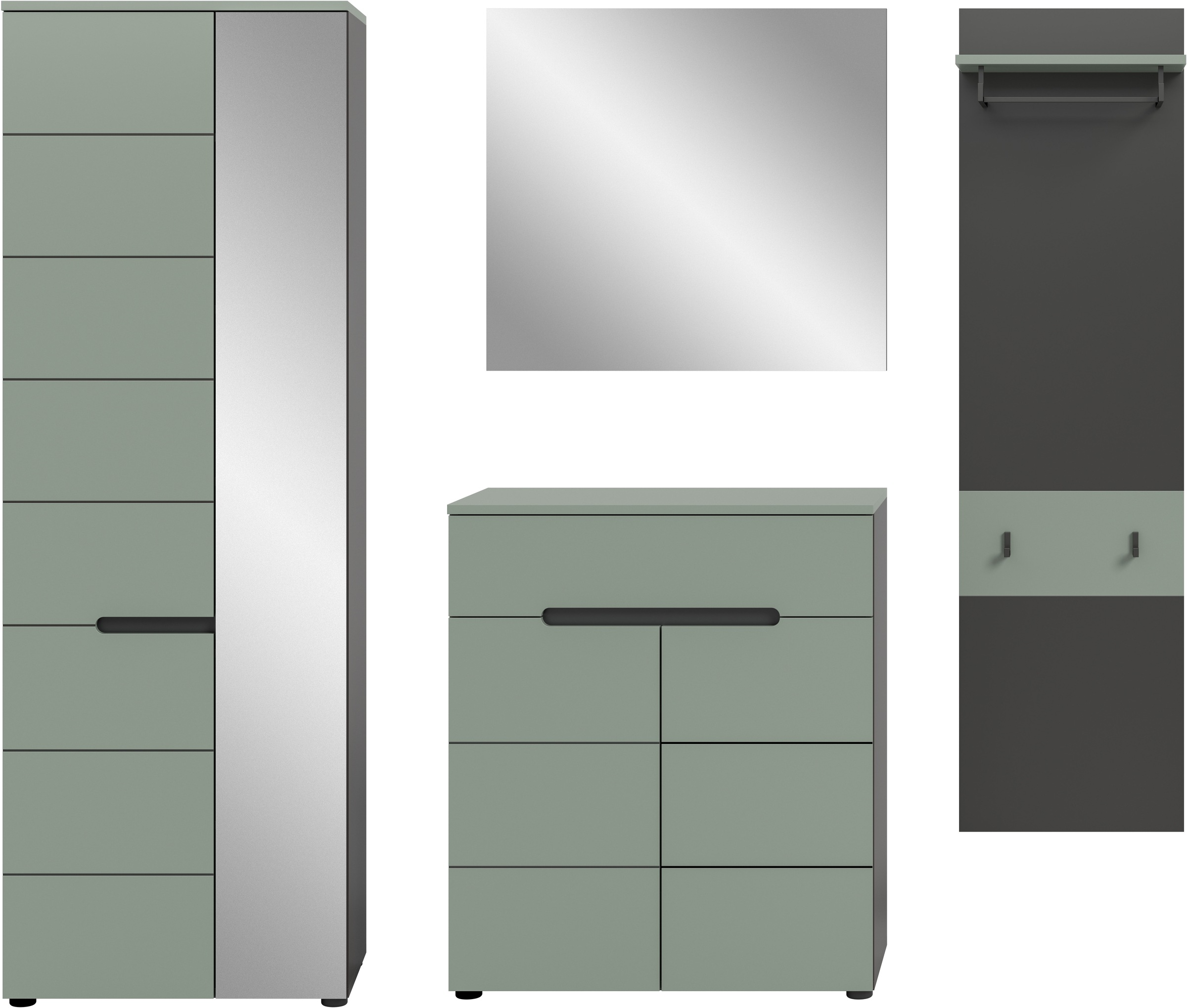 INOSIGN Garderoben-Set, (Set, 4 St., bestehend aus: Garderobenschrank, Kommode, Spiegel & Garderobenpaneel), Garderobenkombination, Kombination, Set, Flurgarderobe, Diele