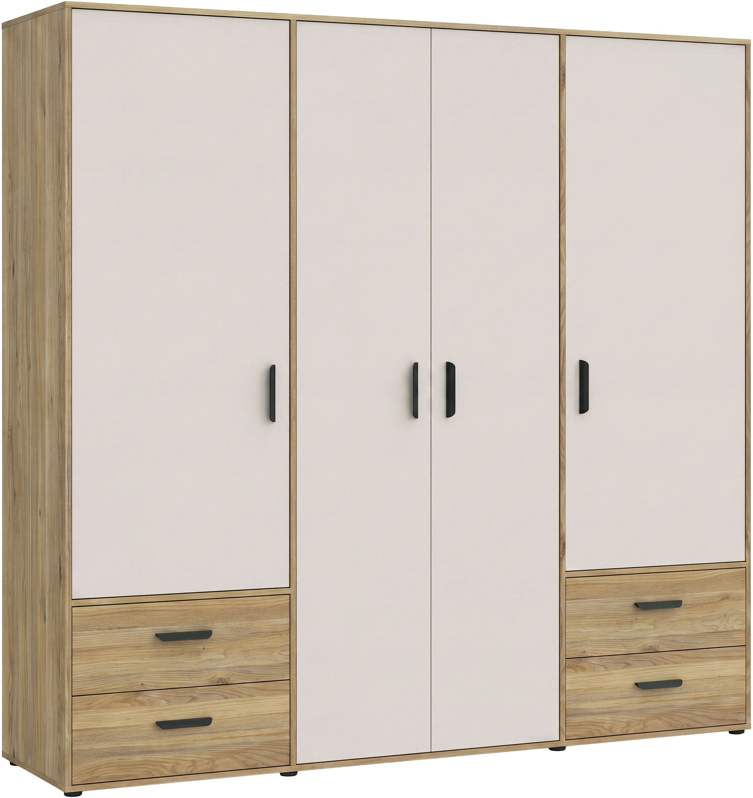 OTTO home Kleiderschrank "Aalox, 4 Türen, 4 Schubladen, schwarze Griffe" zeitloses Design