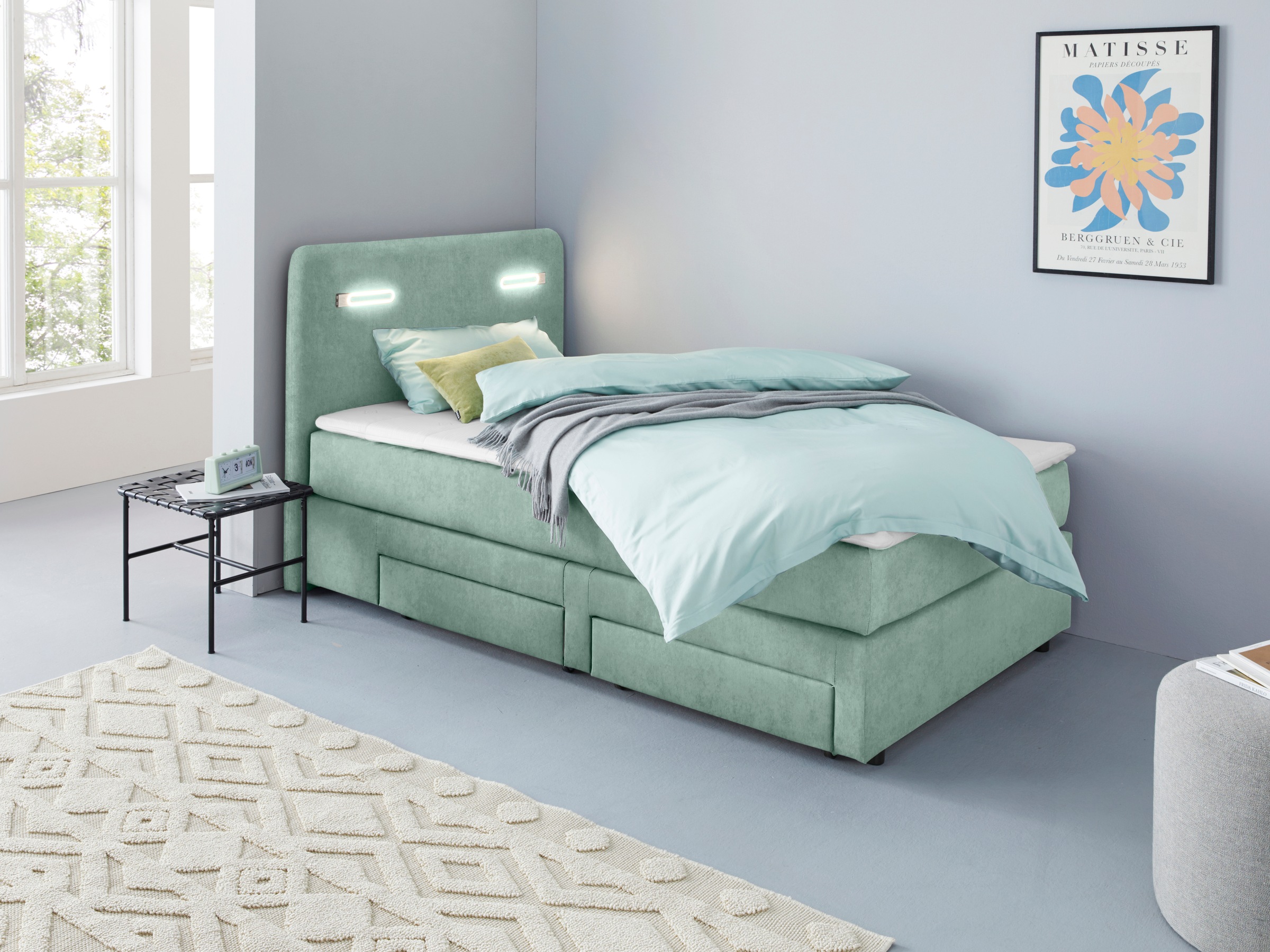 Boxbett HOME AFFAIRE "Luan", blau (turquoise), B:127cm L:211cm, Komplettbetten, Boxspringbett, Schubkästen, LED-Beleuchtung und Topper, in Breite 120 cm und 180 cm