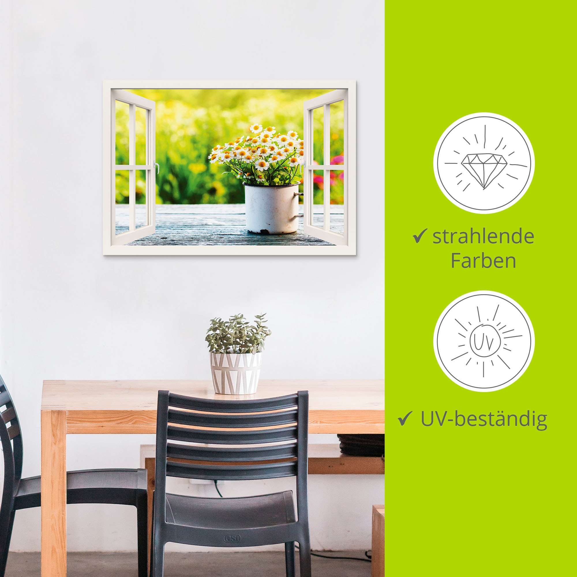 Artland Wandbild »Fensterblick Garten mit Gänseblümchen«, Blumen, (1 St.), als Alubild, Outdoorbild, Leinwandbild, Wandaufkleber, versch. Größen
