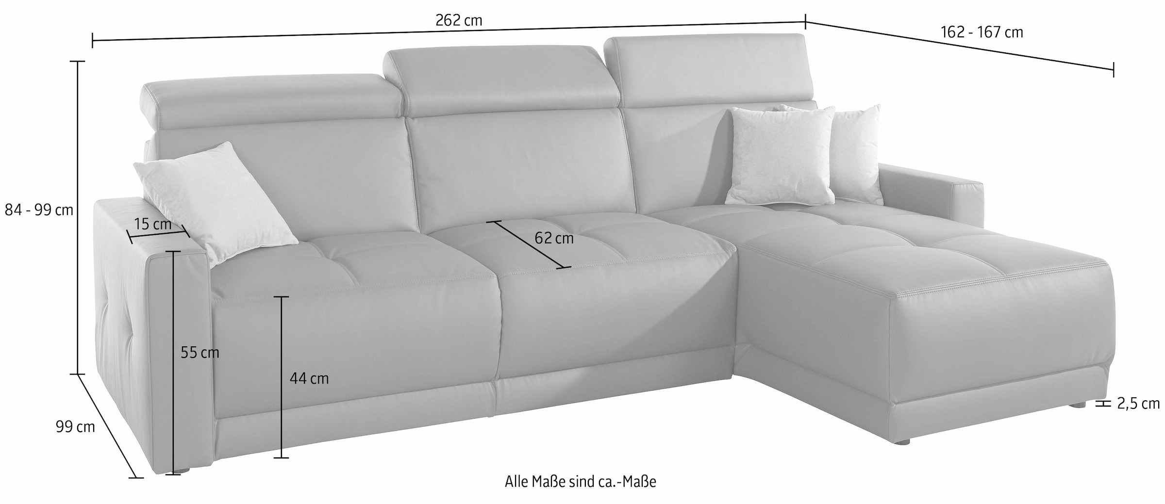 DOMO collection Ecksofa »Ava mit moderner Sitzheftung & toller Doppelnaht, komfortabel, L-Form«, mit Recamiere, inkl. Federkern, wahlweise mit Kopfteilverstellungen