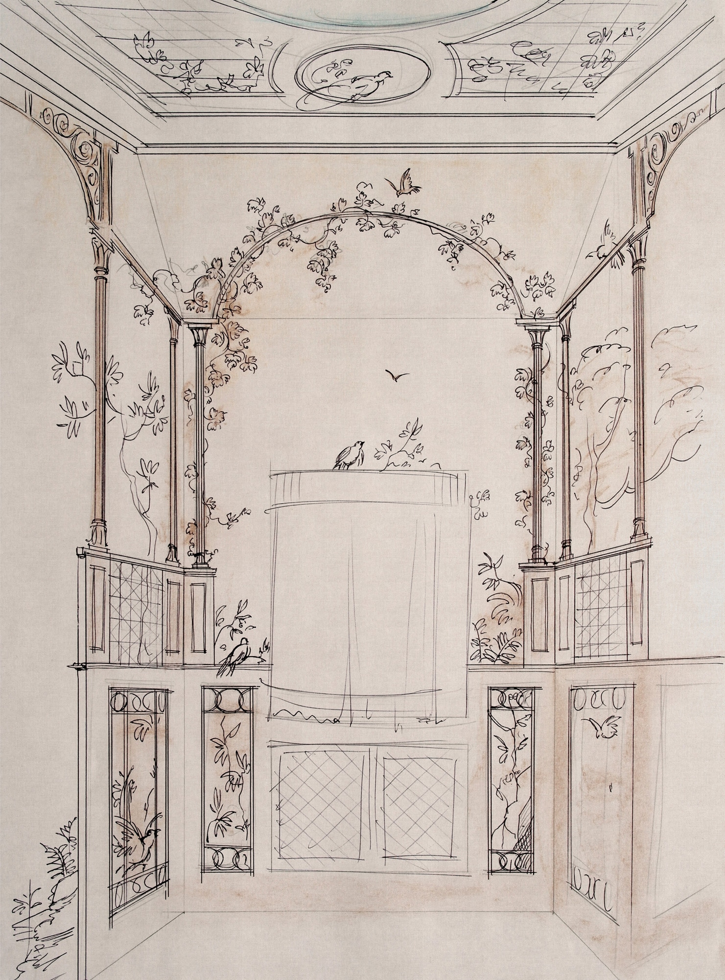 living walls Vliestapete »Tapete Vögel & Architektur Beige Braun Historisch« matt glatt