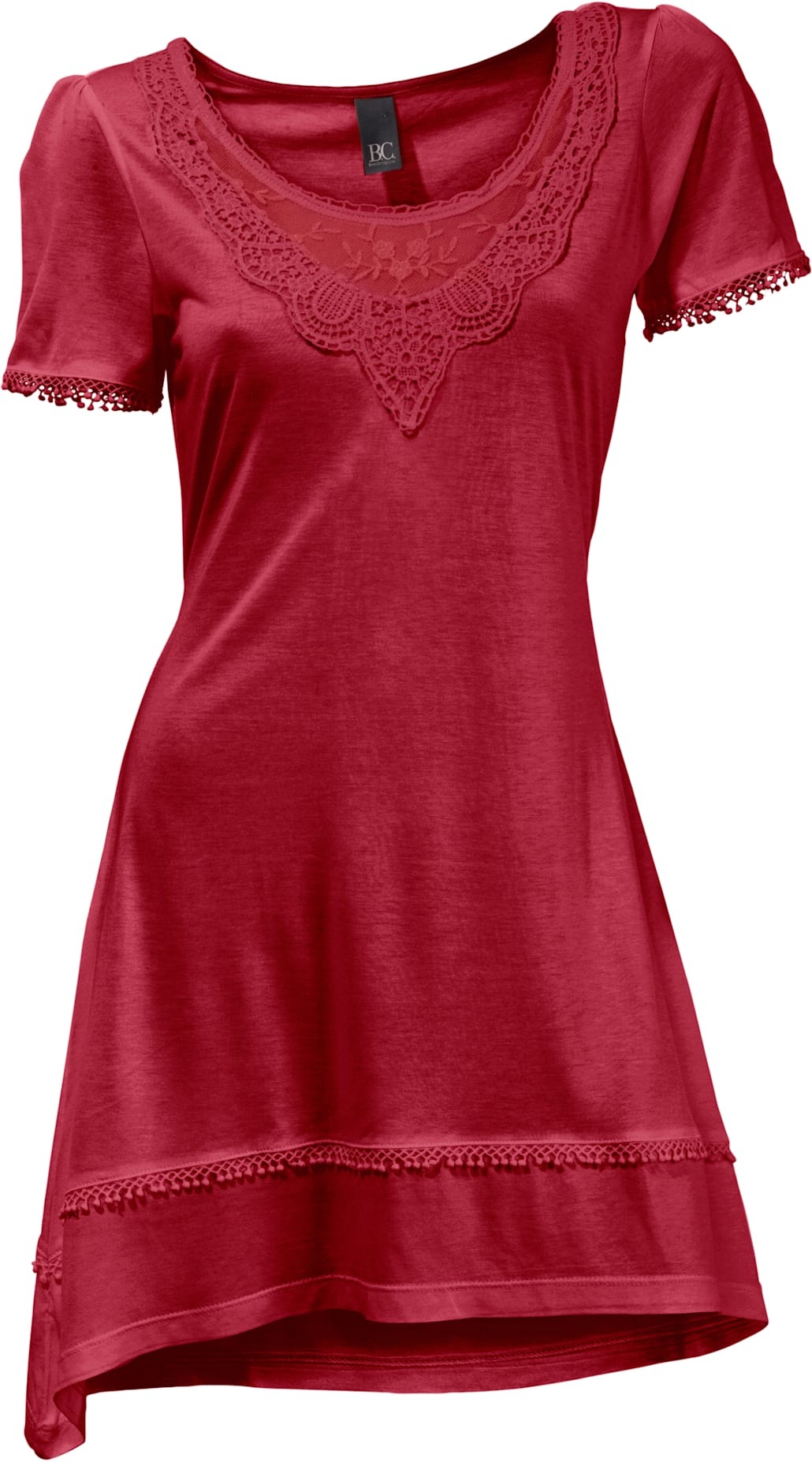 Longshirt HEINE "Longshirt", Damen, Gr. 42, rot (karminrot), 100% Viskose, Spitze:100% Baumwolle, unifarben, Rundhals, Shirts Longshirt 3