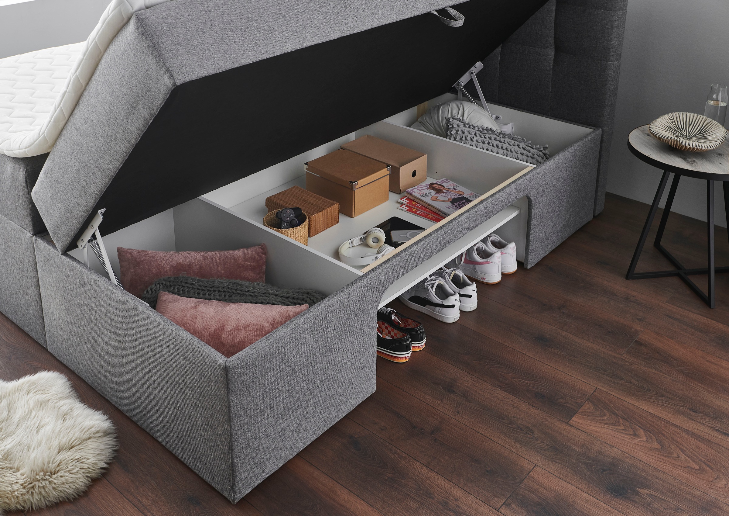 Boxbett HOME AFFAIRE, rot (bordeaux meliert), B:142cm L:210cm, Komplettbetten, Nische im Bettkasten für zusätzlichen Stauraum 3