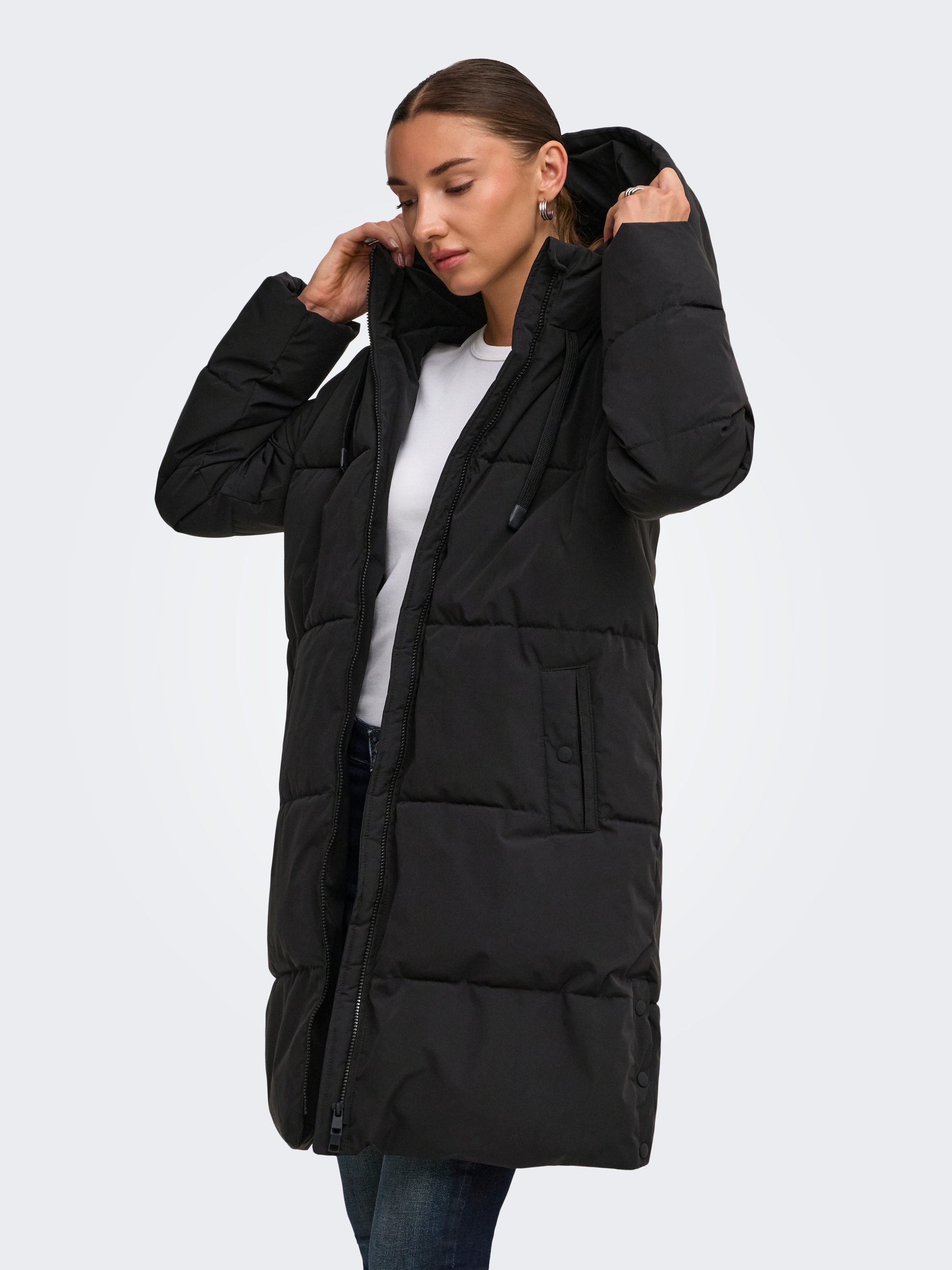JDY Steppmantel "JDYBLAIR LONG HOOD PUFFER OTW SIJ" Kunstfaser, Kapuze mit Kordelzug