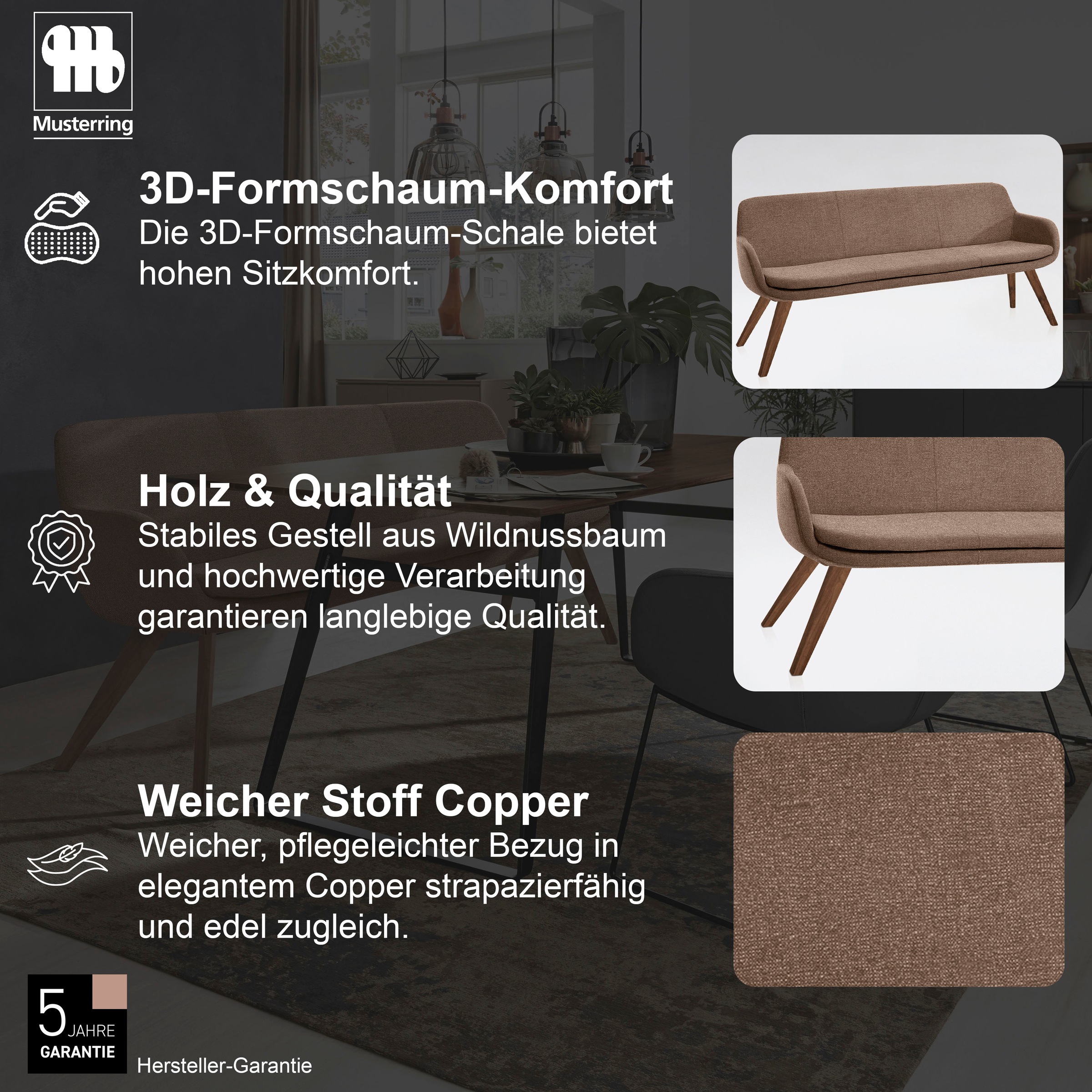 Thumbnail - Musterring Essbank "Tavia" Stativgestell Wildnussbaum massiv geölt, Breite 180, 200 oder 220 cm