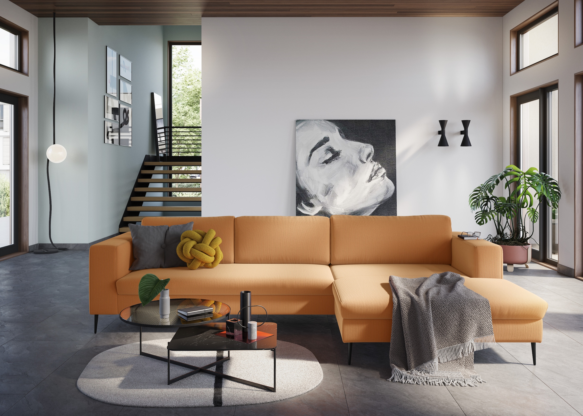 DOMO collection Ecksofa "Modica, zeitlos & elegant, Breite 329cm, hoher Fuß, bequem, L-Form" Auch in Cord, Fußhöhe passend für gängige Saugroboter