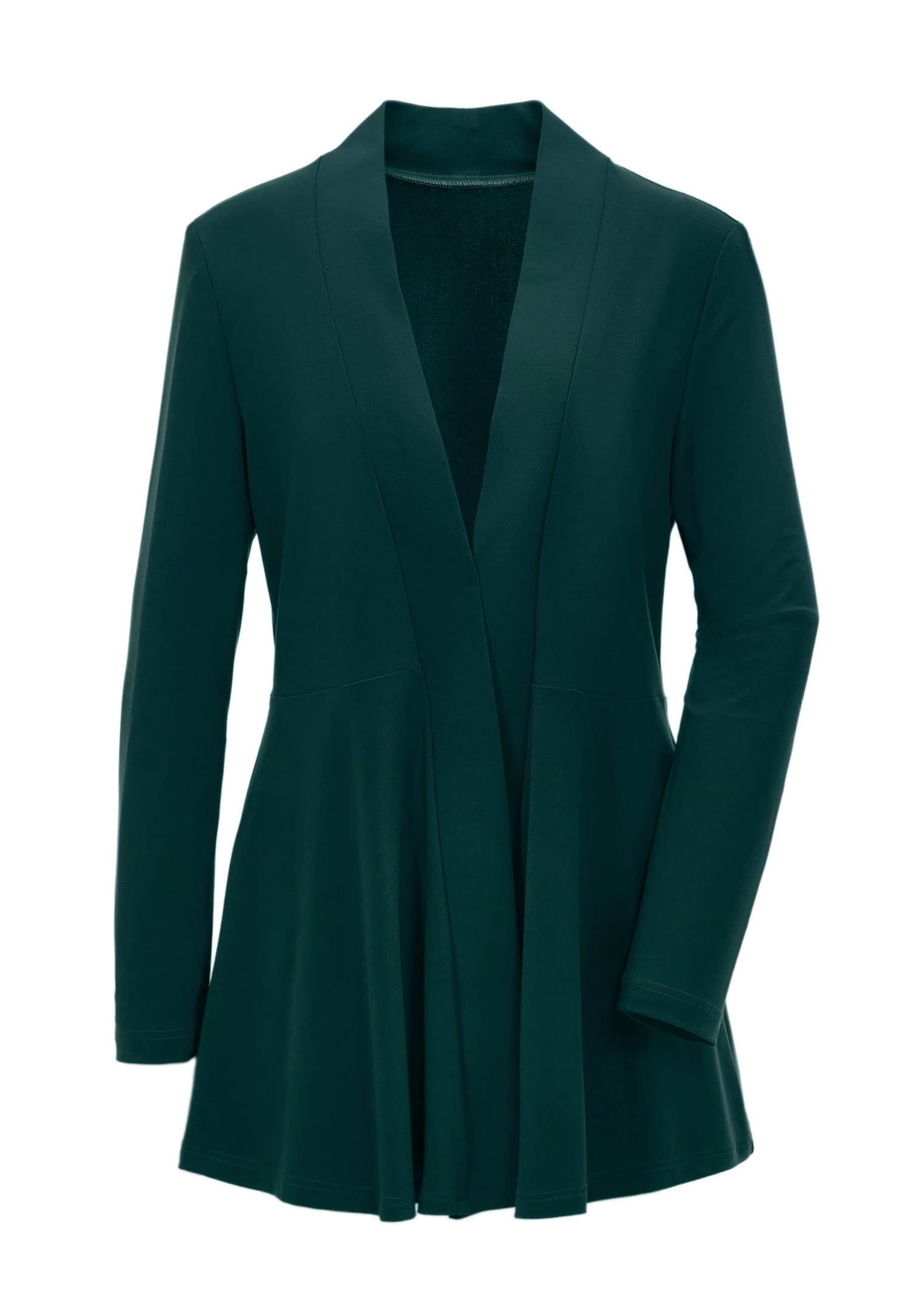Sweatjacke GOLDNER "Kurzgröße Leichte Shirtjacke lila mit Stretch", Damen, Gr. 23, grün (smaragd), Obermaterial: 95% Polyester PES. 5% Elasthan EL., festlich, normal, Tubular, Sweatjacken Sweatjacke, Mit Teilungsnaht hinten für eine elegante Weite