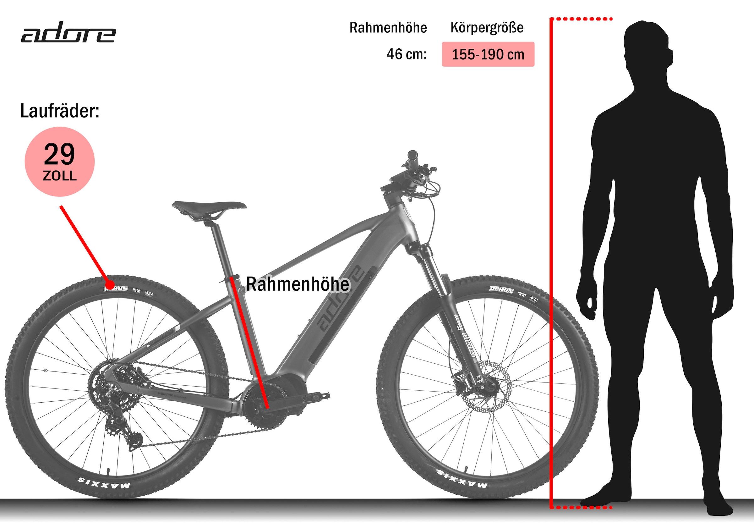 Adore »Hardtail 29" GX-750 Mittelmotor 130NM / 15Ah Platingrau matt« 9 Gang Shimano Cues Schaltwerk Kettenschaltung Mittelmotor 250 W Pedelec, Elektrofahrrad für Damen und Herren, MTB