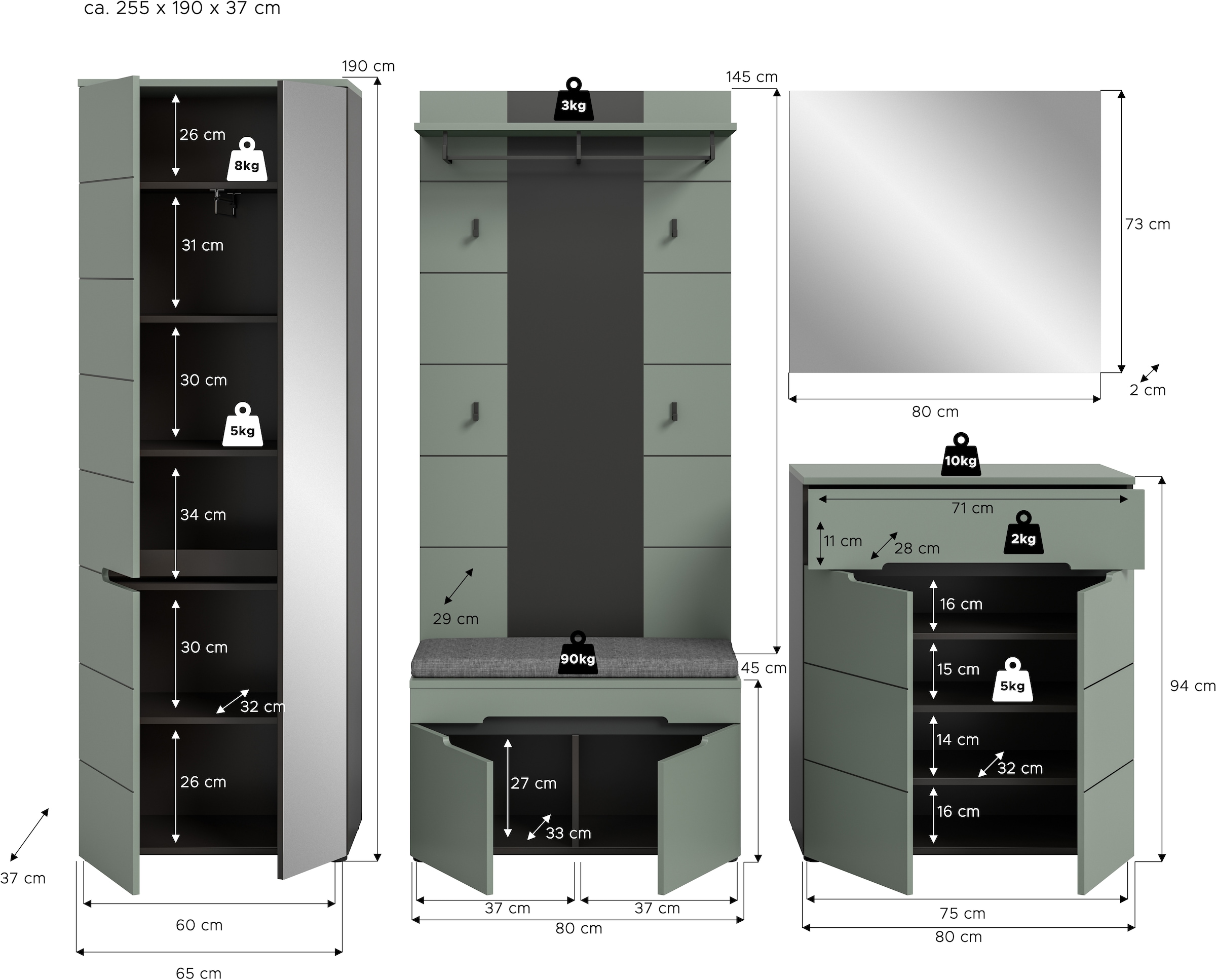 INOSIGN Garderoben-Set, (Set, 6 St., bestehend aus: Schrank, Sitzbank, Sitzkissen, Paneel, Spiegel, Kommode), Garderobenkombination, Kombination, Set, Flurgarderobe, Diele