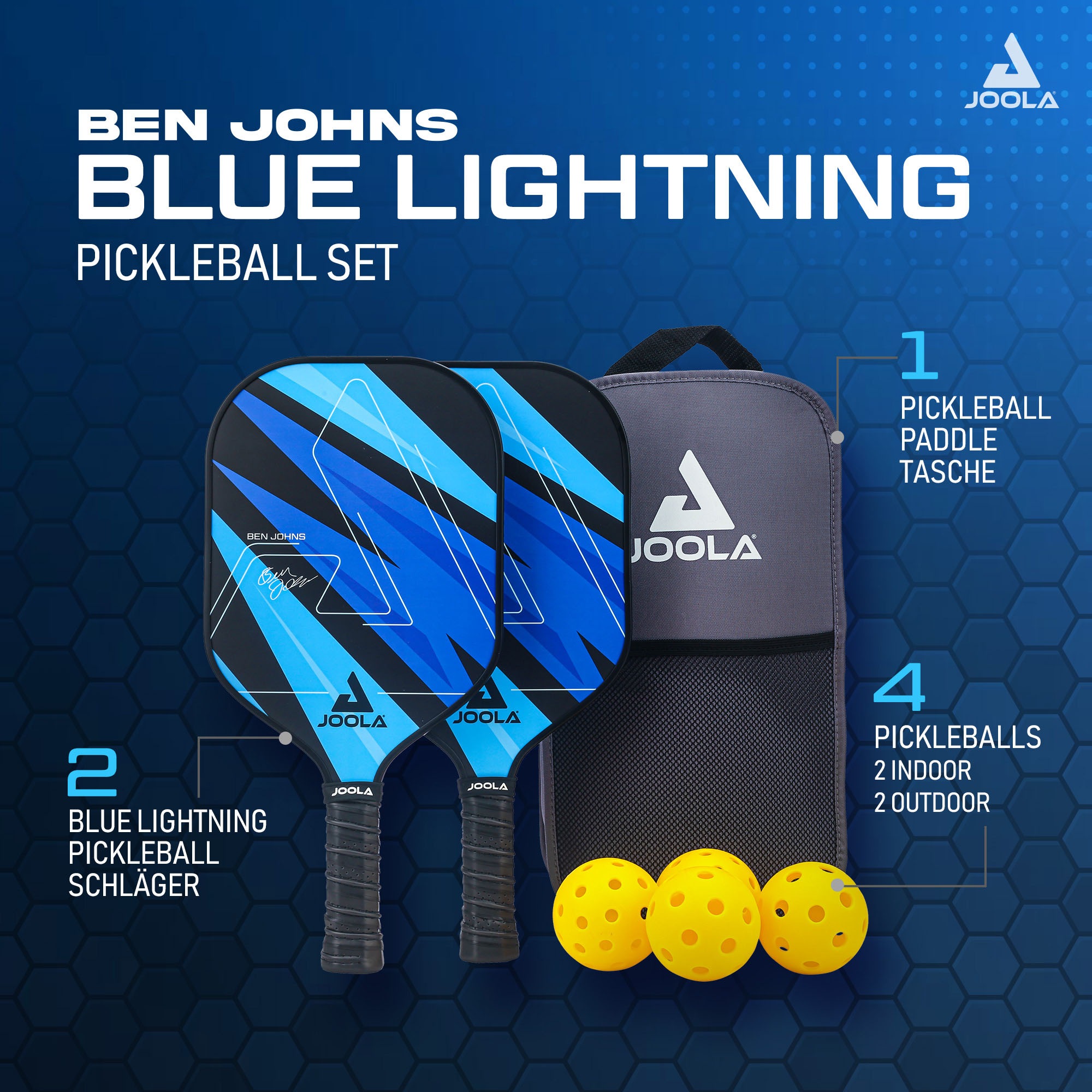 Joola Pickleballschläger »Ben Johns Blue Lightning Pickleball Set« Inklusive 2 Schläger, 4 Bällen und Tasche, ideal für Freizeitspieler