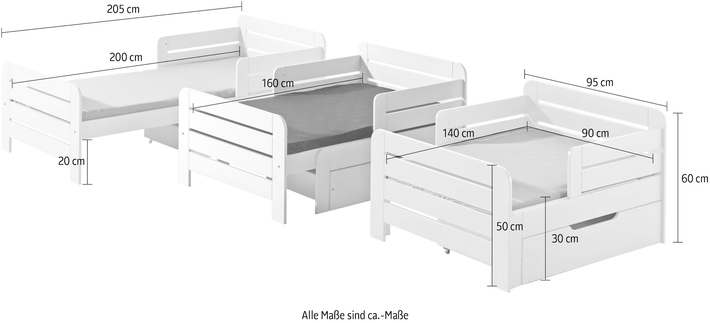 Vipack Einzelbett, (Packung, Made in Europe), Kinderbett, Länge 140 bzw. 160 und 200 cm, in Weiß oder Grau lackiert
