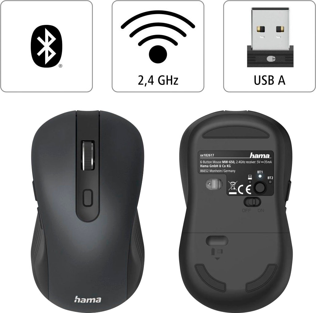 Hama Maus »Optische 6-Tasten-Multi-Device-Maus "MW-650", USB-A Bluetooth Maus« Bluetooth