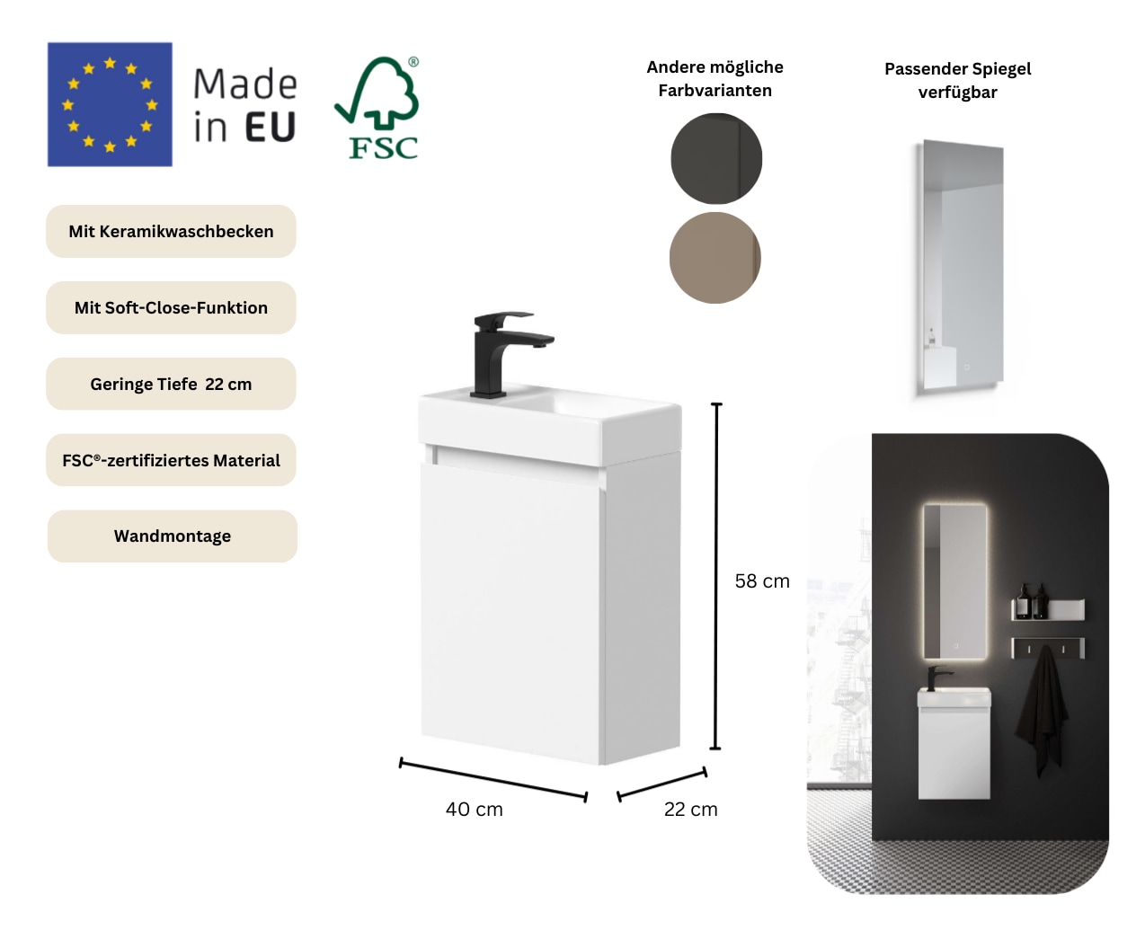 welltime Waschtisch »Mini, Badmöbel, Waschtischunterschrank inkl. Waschbecken« Breite 40cm, mit Soft-Close-Funktion, FSC®-zertifiziert